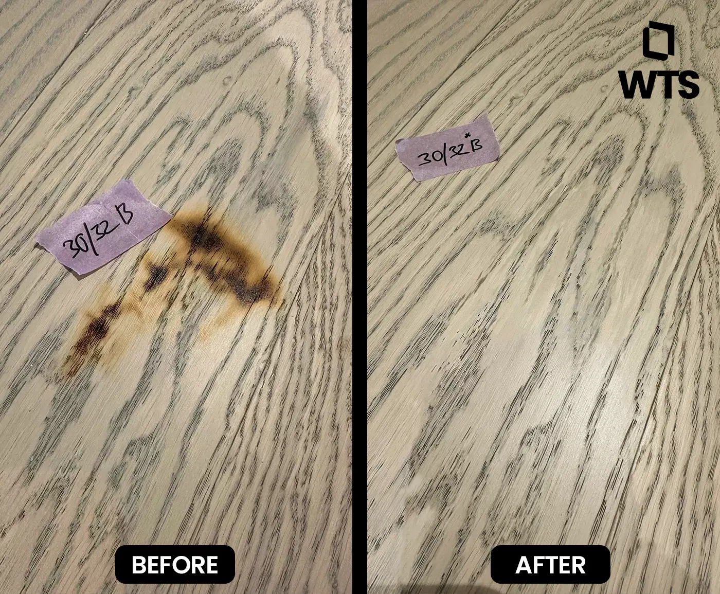 Burn mark removal on wood before-and-after showing tough damage eliminated with meticulous, invisible restoration.