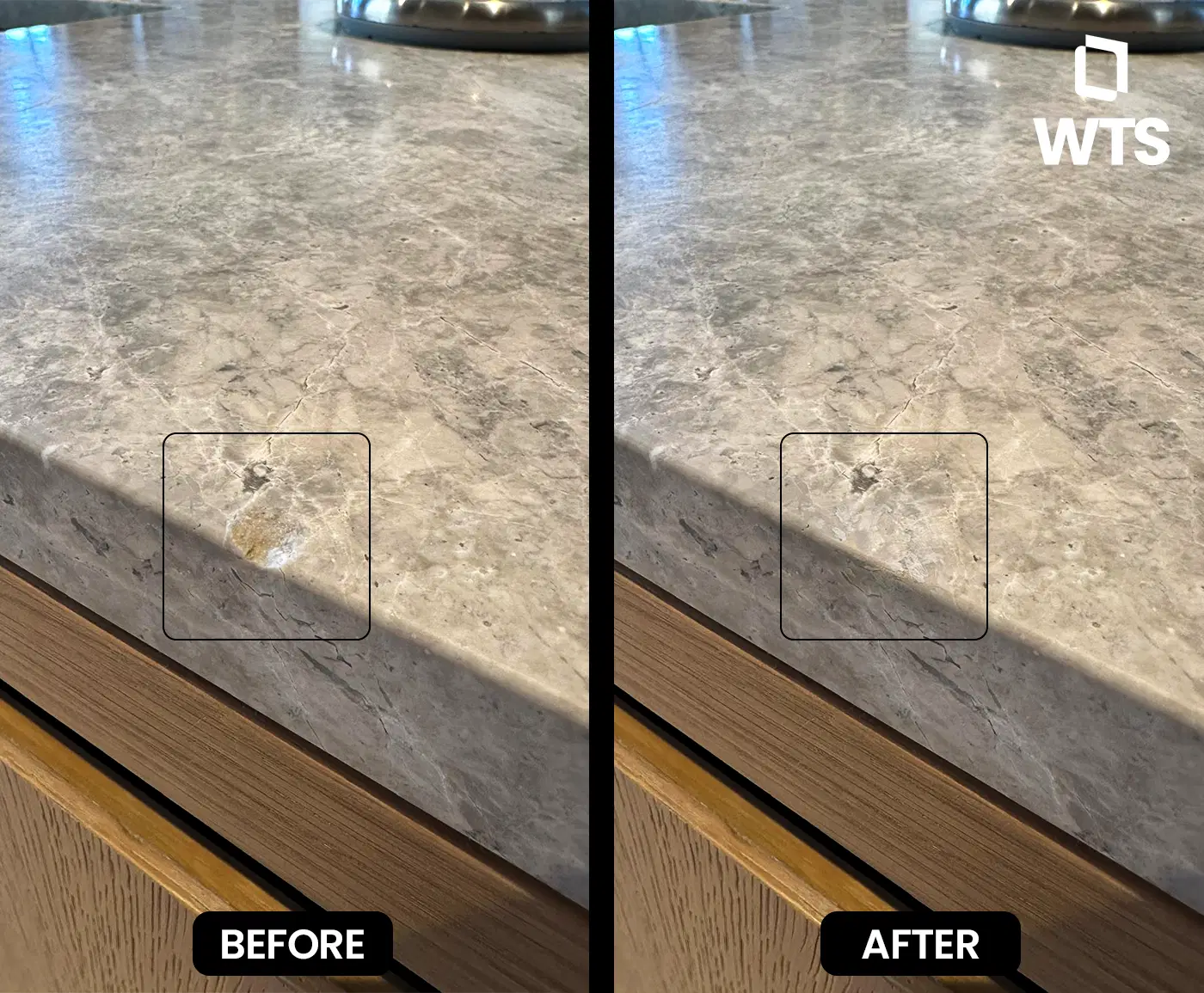 Marble countertop restoration before-and-after showing factory-level shine and a flawless, tenant-ready finish.
