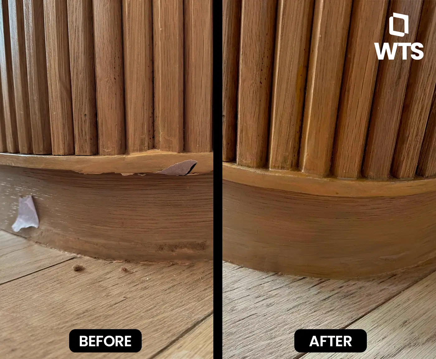 Millwork base repair before and after, chip and dent restoration