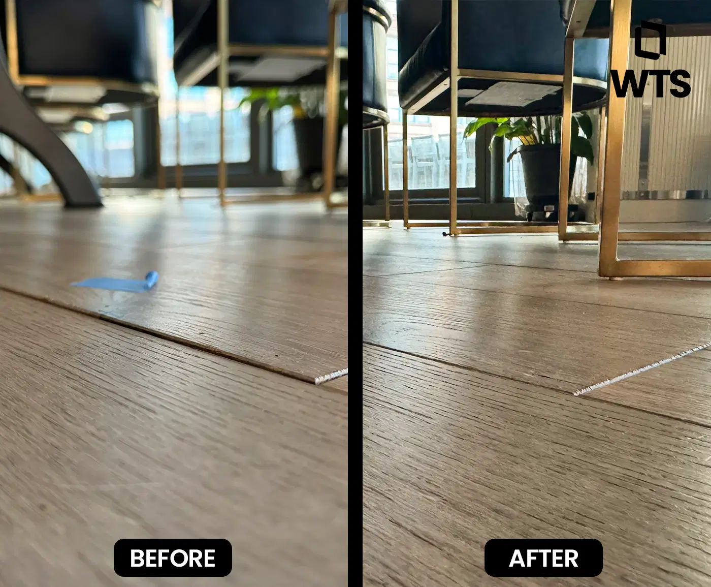 Hardwood floor plank repair before and after, leveled and seamless