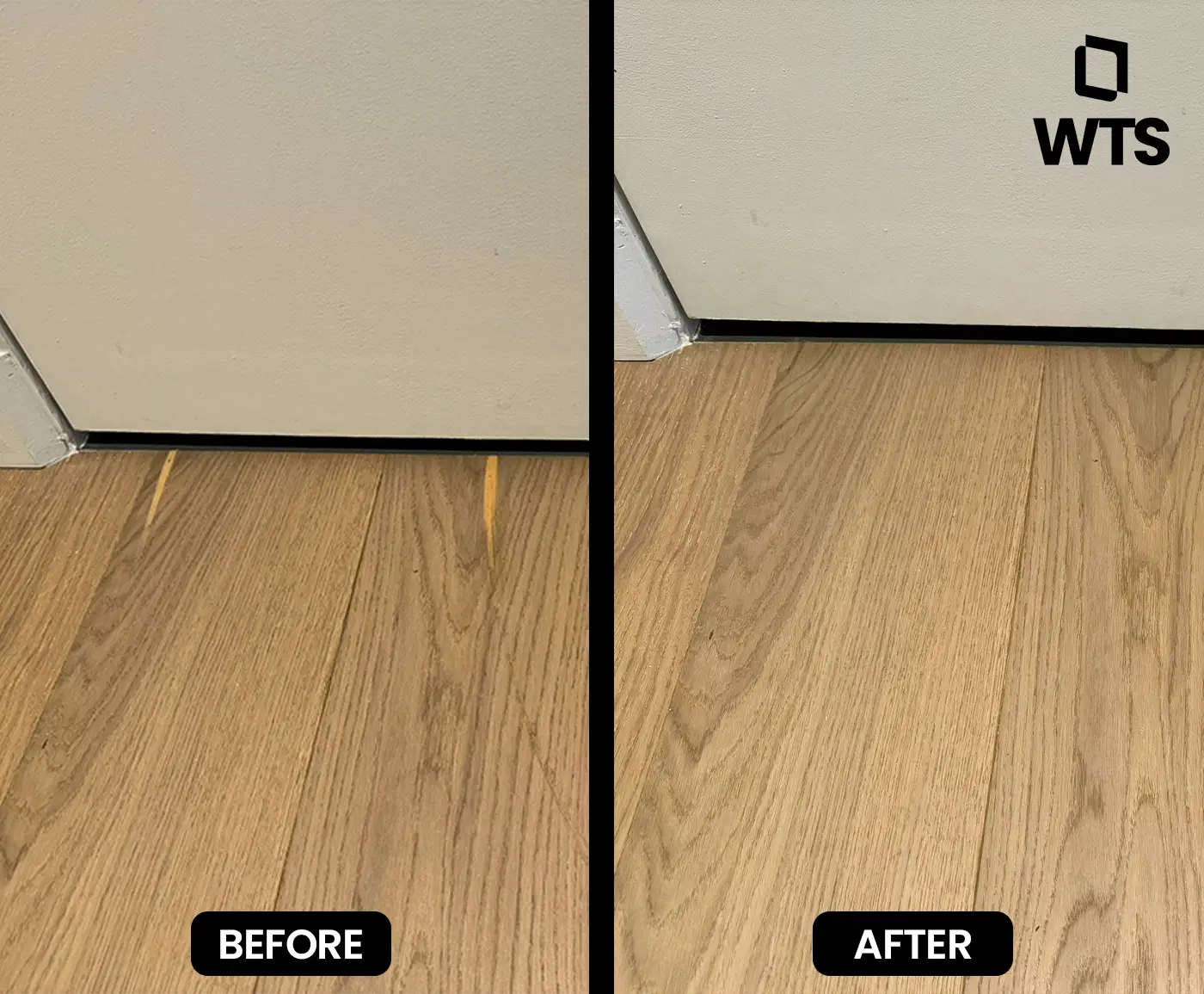 Side-by-side before and after comparison of a wood floor beneath a door. The “before” image shows two prominent gouges; the “after” image shows a flawlessly repaired surface.