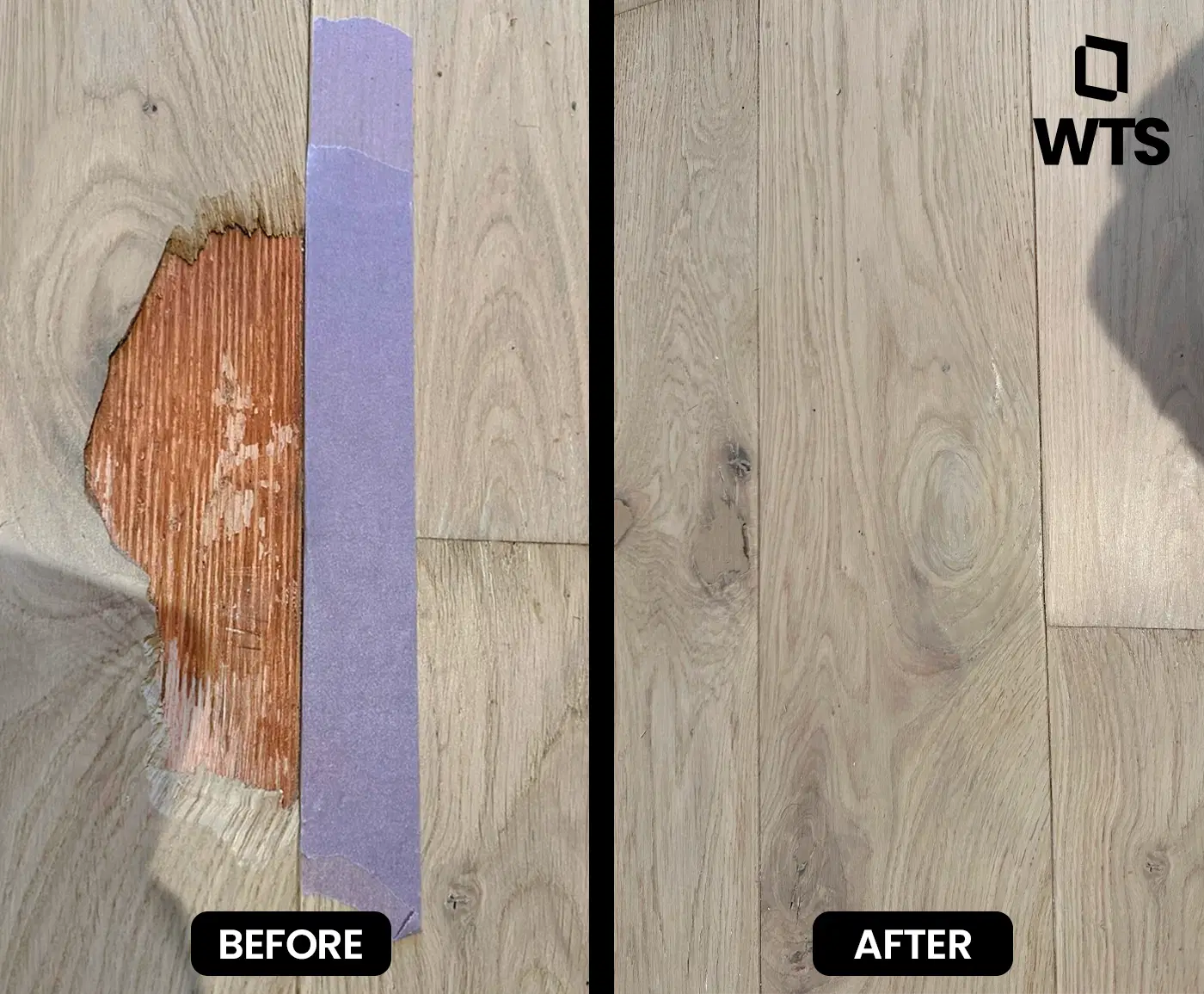A damaged hardwood floor section is shown on the left with exposed substrate and purple tape for scale, while the right side displays a flawless seamless surface after WTS Surface Professionals’ touch-up.