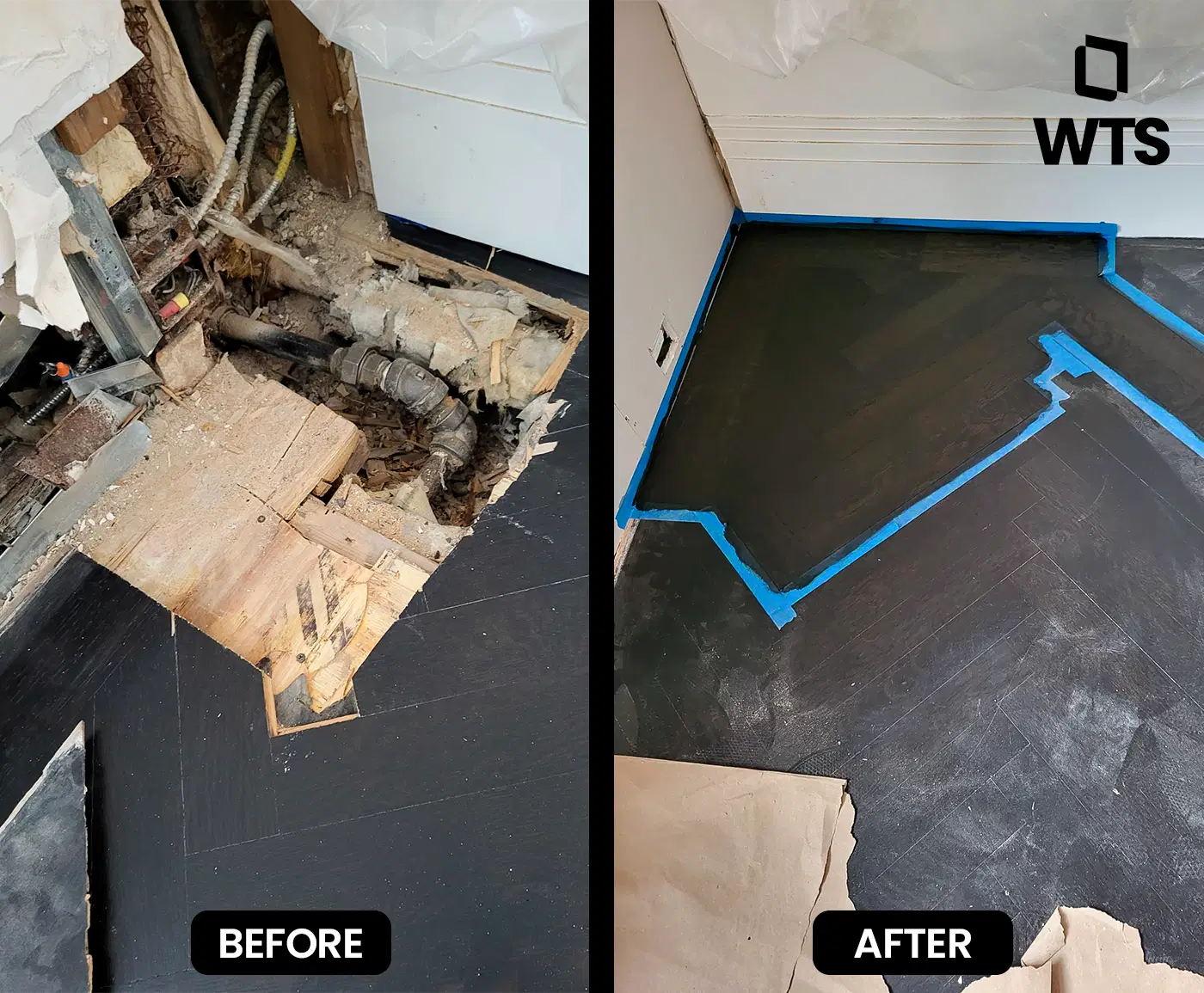 Before and after comparison of a wood floor repair following major plumbing work. Left side shows large damaged section with exposed subfloor and pipes; right side shows the area seamlessly restored.