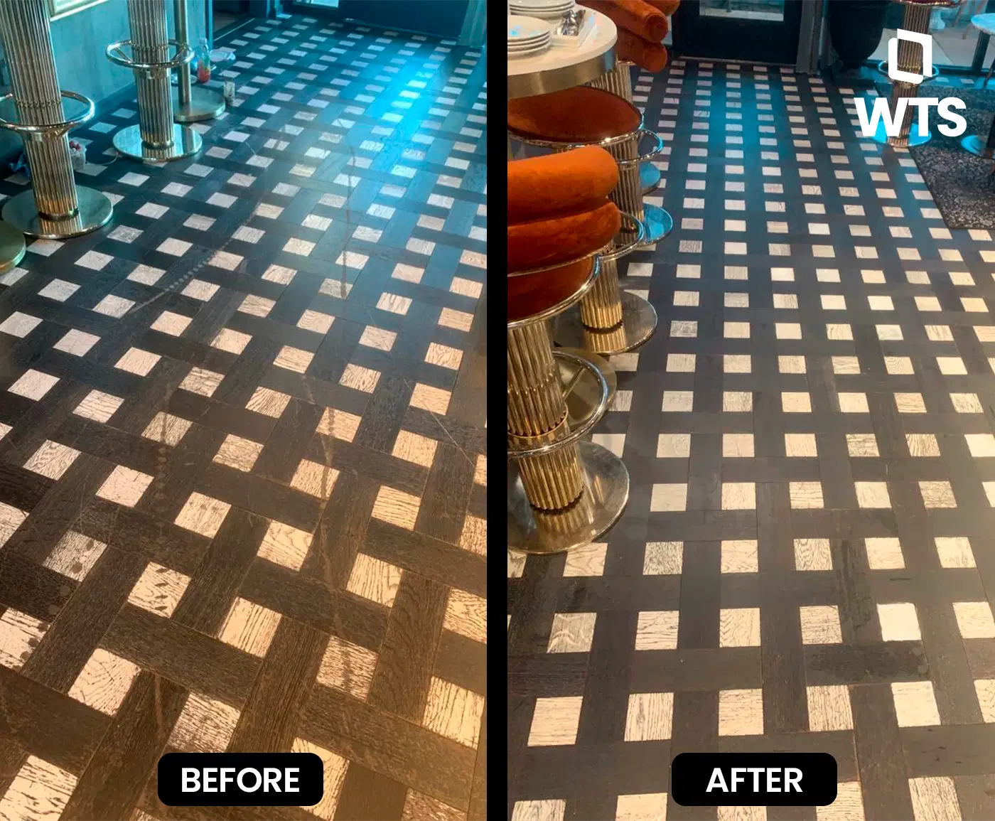 Side-by-side comparison of a geometric-patterned wood floor before and after WTS Surface Professionals’ restoration touch-up.