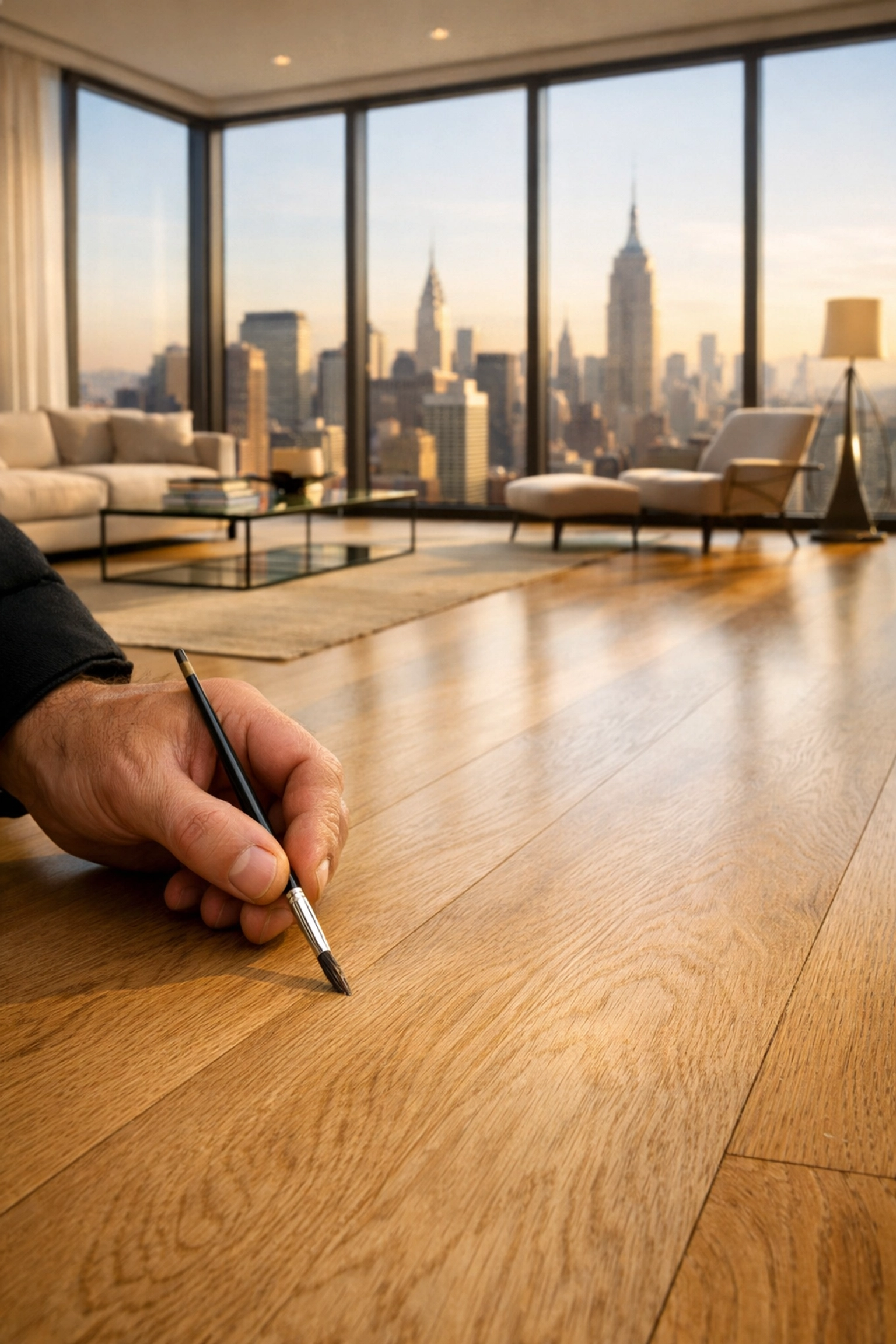 Professional hardwood floor grain restoration in a luxury Manhattan apartment for construction punch list completion.