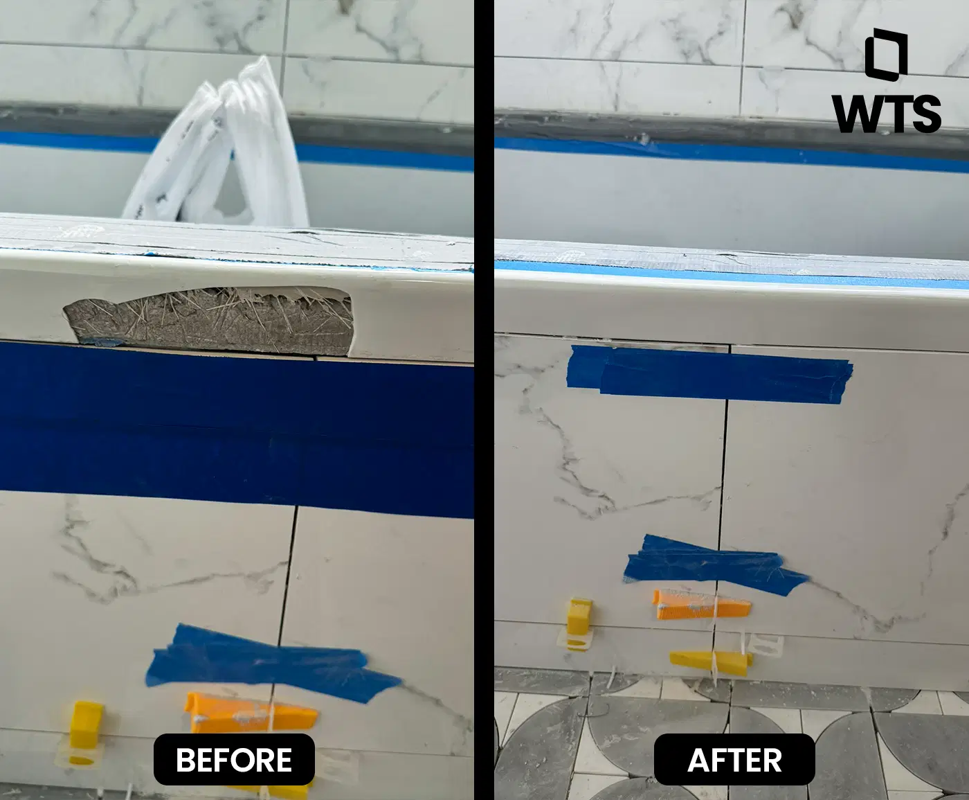 Before-and-after bathtub edge repair/touch-up completed during punch list closeout