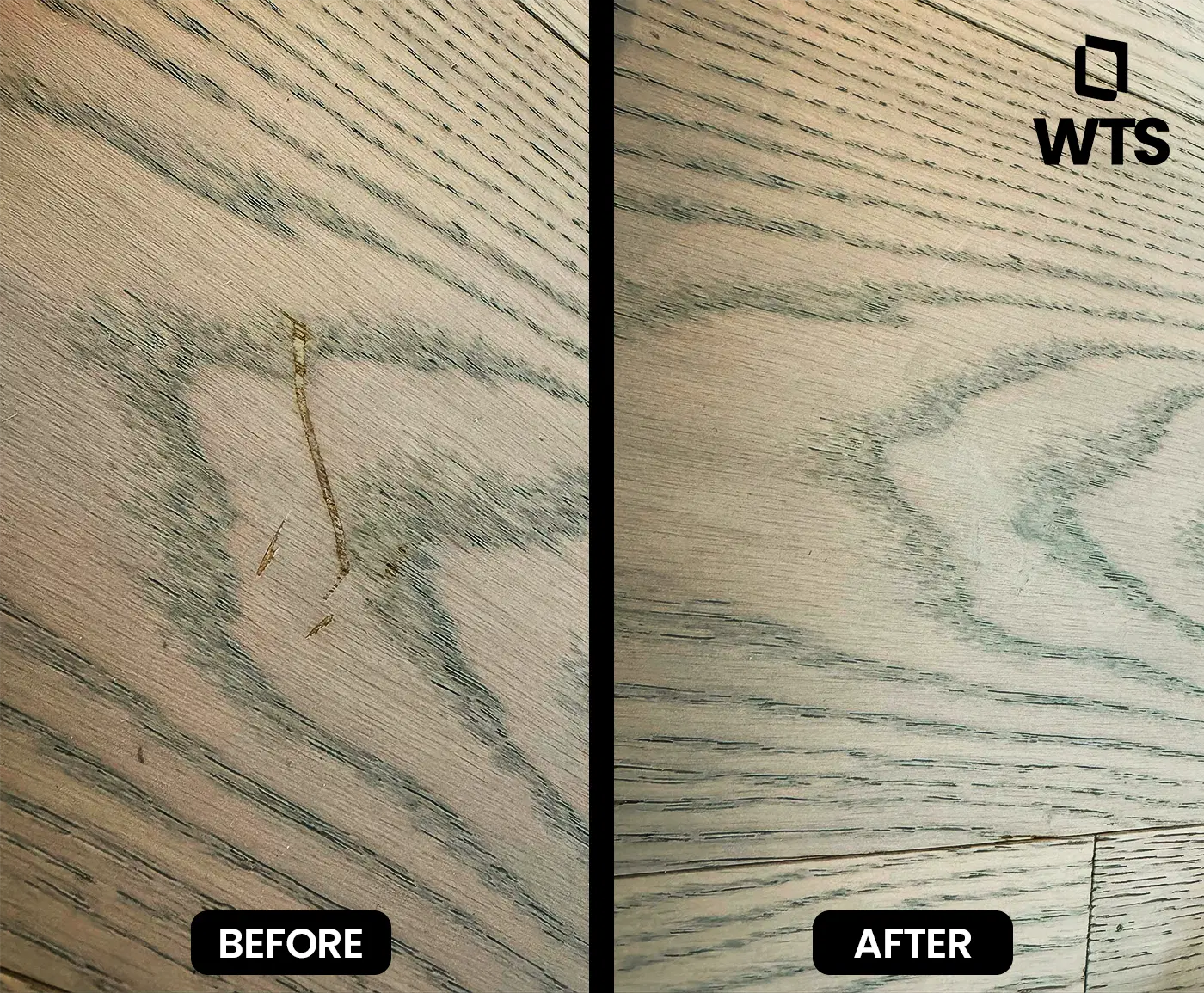 Before-and-after wood floor repair: damage removed without replacement during final-stage punch list