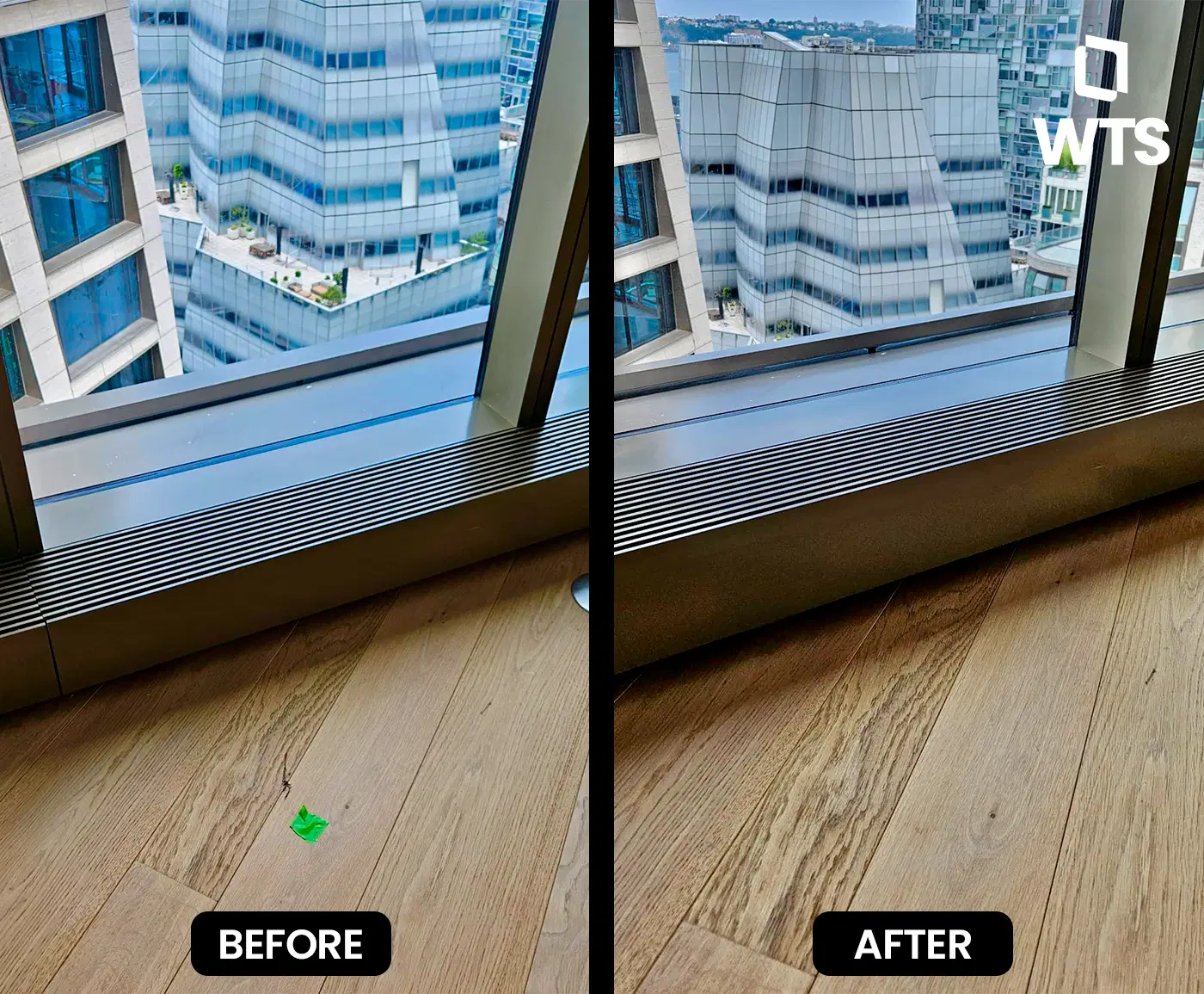 Before-and-after wood floor touch-up: blended finish for a seamless, “never happened” look