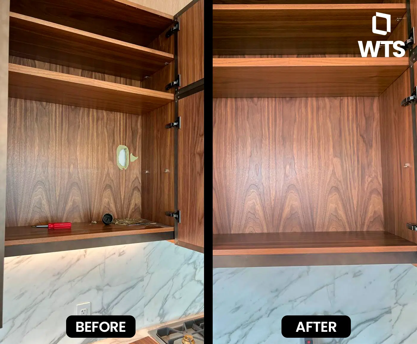 Before and after of a wood kitchen cabinet interior restoration