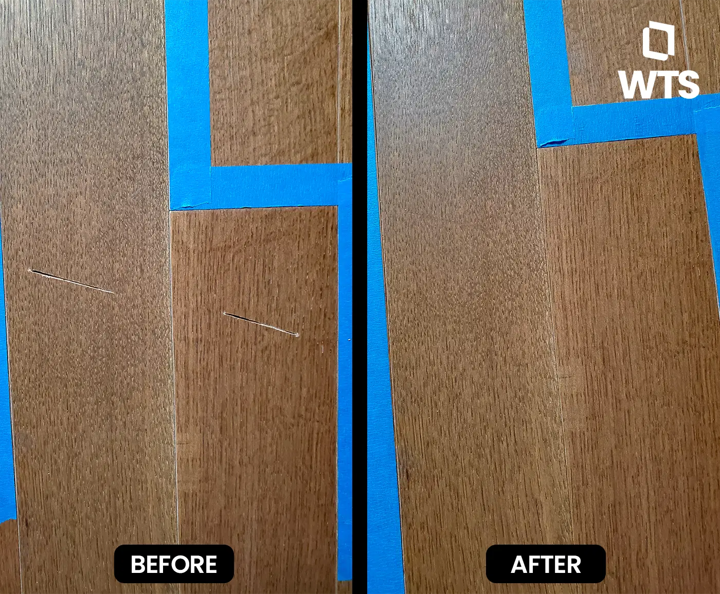 Comparison of a wood floor before and after scratch repair, with damage marked in blue tape and a flawless restored finish