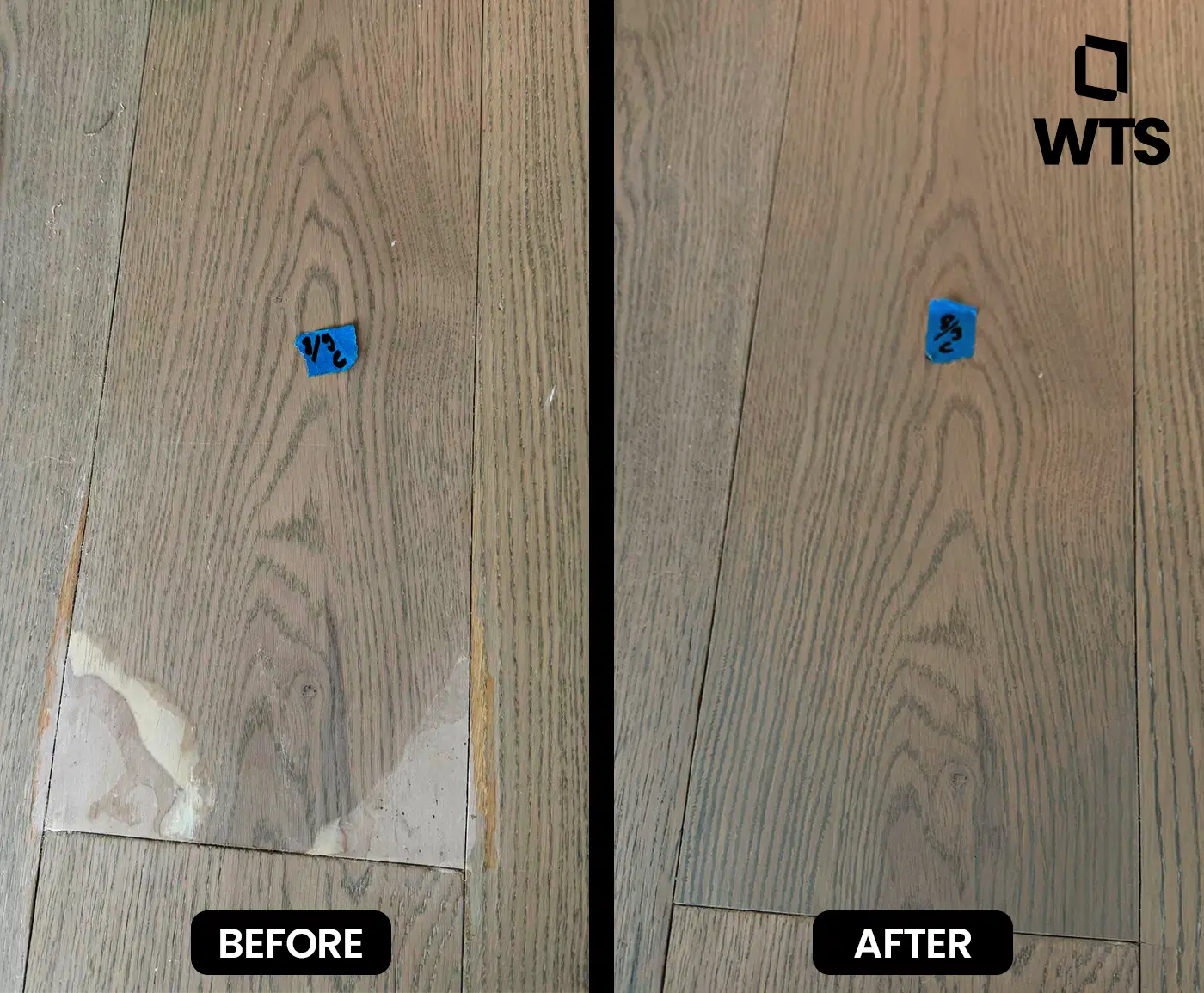 Hardwood floor touch-up before and after comparison showing seamless restoration