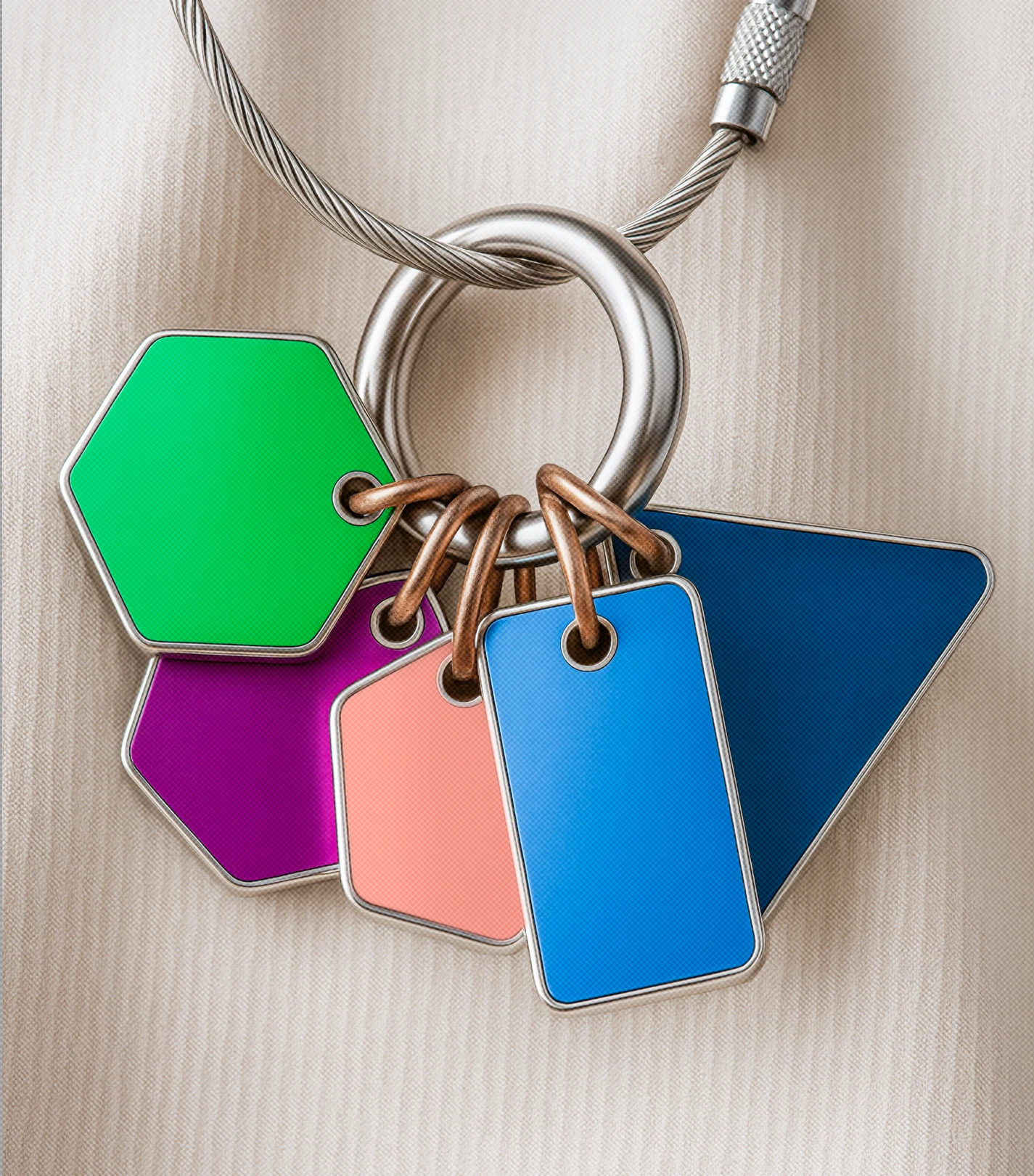 Metal keychain with five colorful blank tags in hexagon, pentagon, rectangular, and triangular shapes on a beige fabric background.