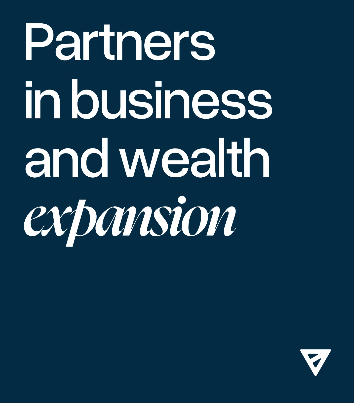 Text on dark blue background reading 'Partners in business and wealth expansion' with a small white triangular logo in the bottom right corner.