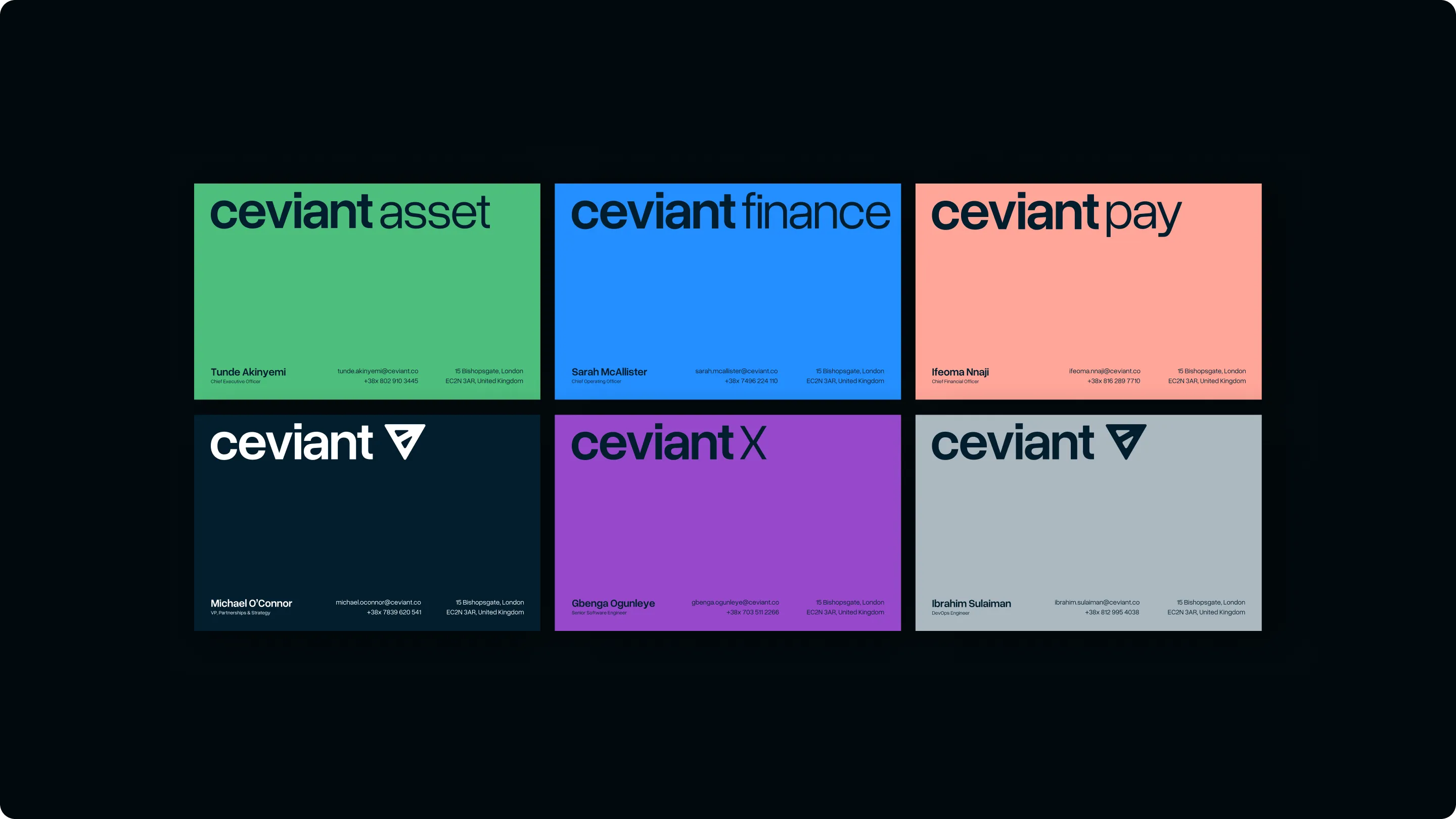 Six colorful business cards for Cevian’t with different divisions and contact details for executives.