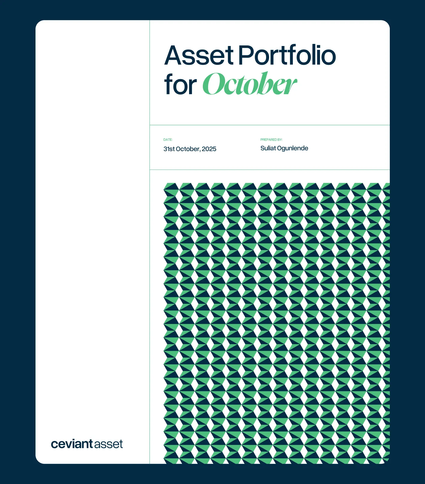Cover page of an Asset Portfolio report for October dated 31st October 2025, prepared by Suliat Ogunlende, with a green and navy geometric pattern and the Cevian Asset logo.
