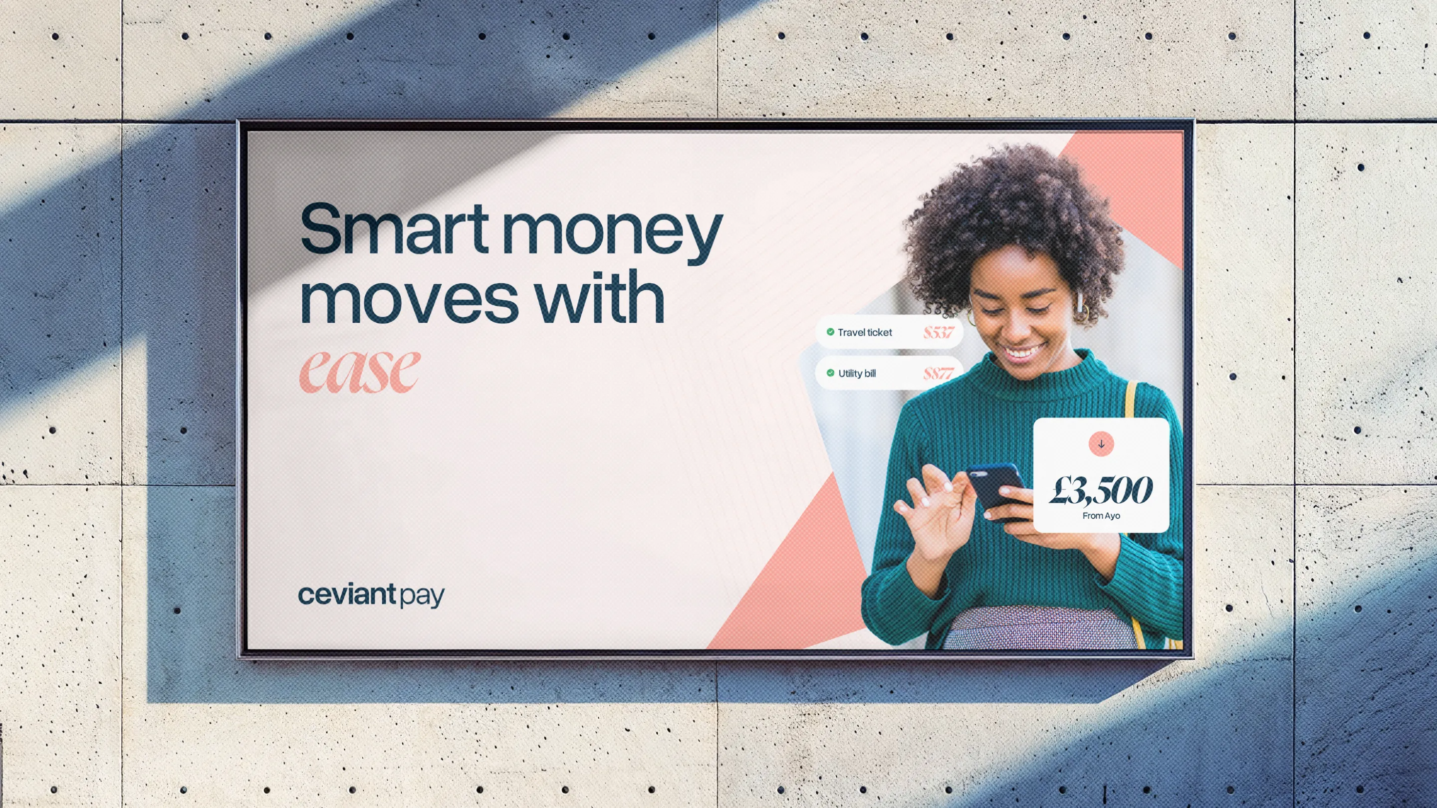 Smiling woman with curly hair wearing a green sweater looks at her smartphone alongside text reading 'Smart money moves with ease' and icons showing bills and a £3,500 transfer.
