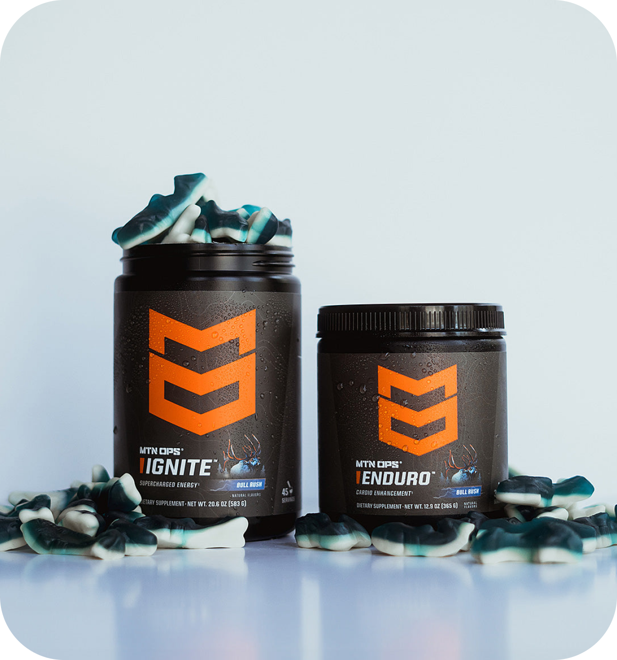 Two MTN OPS supplement tubs surrounded by teal and white gummy candies.