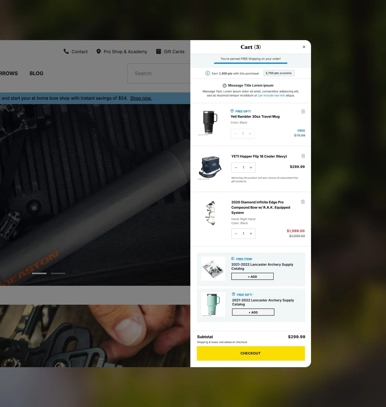 Lancaster Archery Supply slide-out cart with free gift items, rewards points, and free shipping progress bar