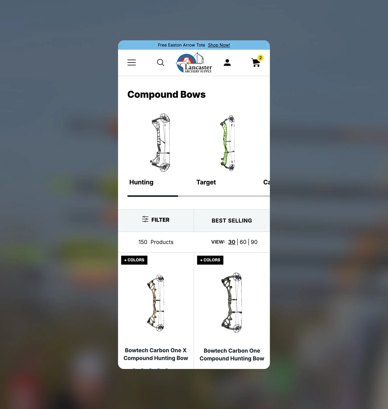 Lancaster Archery Supply compound bows collection page on mobile with category carousel and product filters