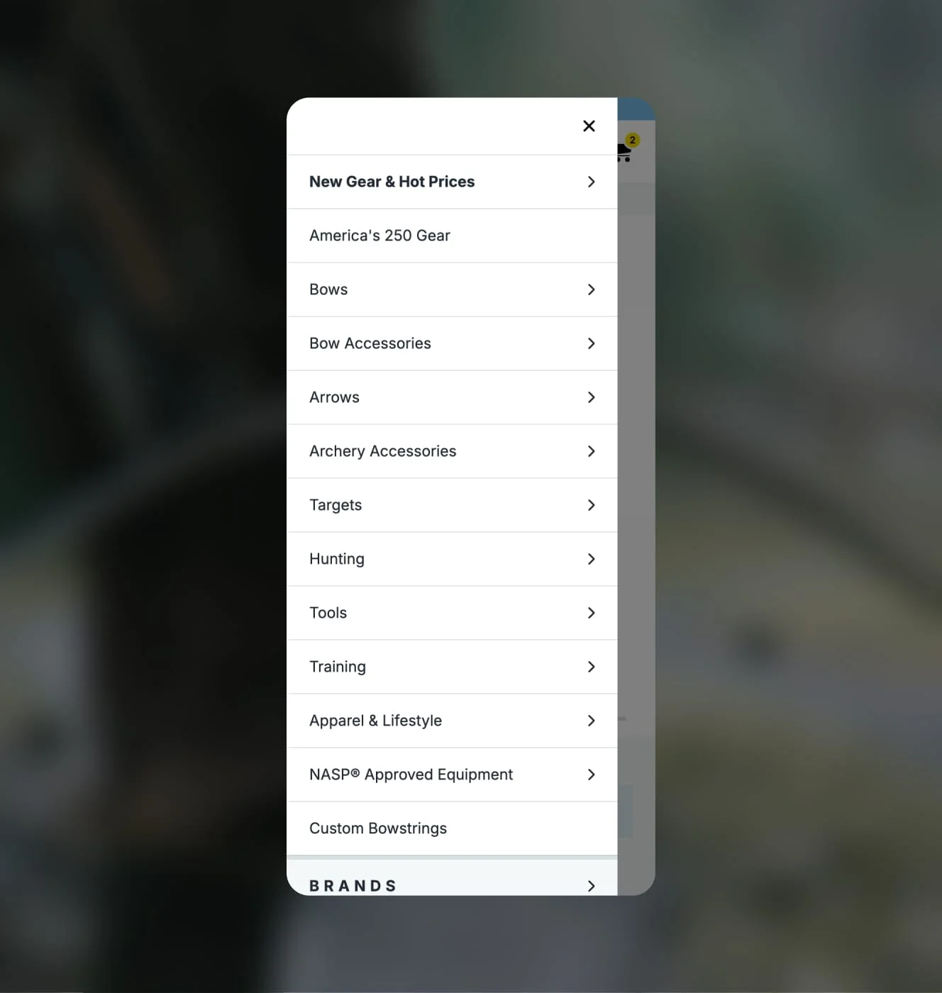 Lancaster Archery Supply mobile navigation menu listing shop categories like bows, arrows, and targets