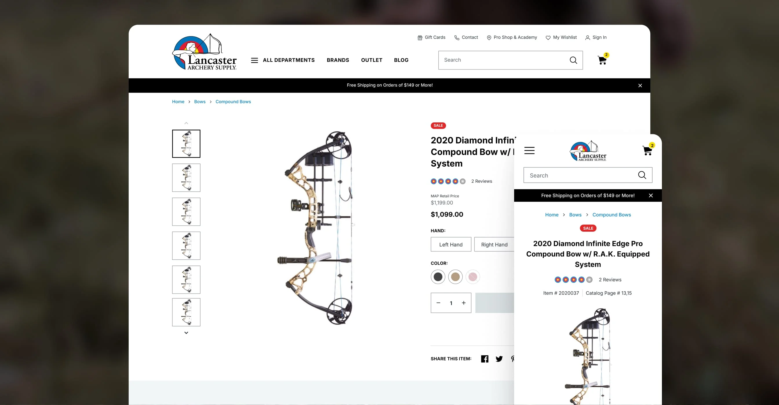 Redesigned Lancaster Archery Supply product detail page for a compound bow shown on desktop and mobile