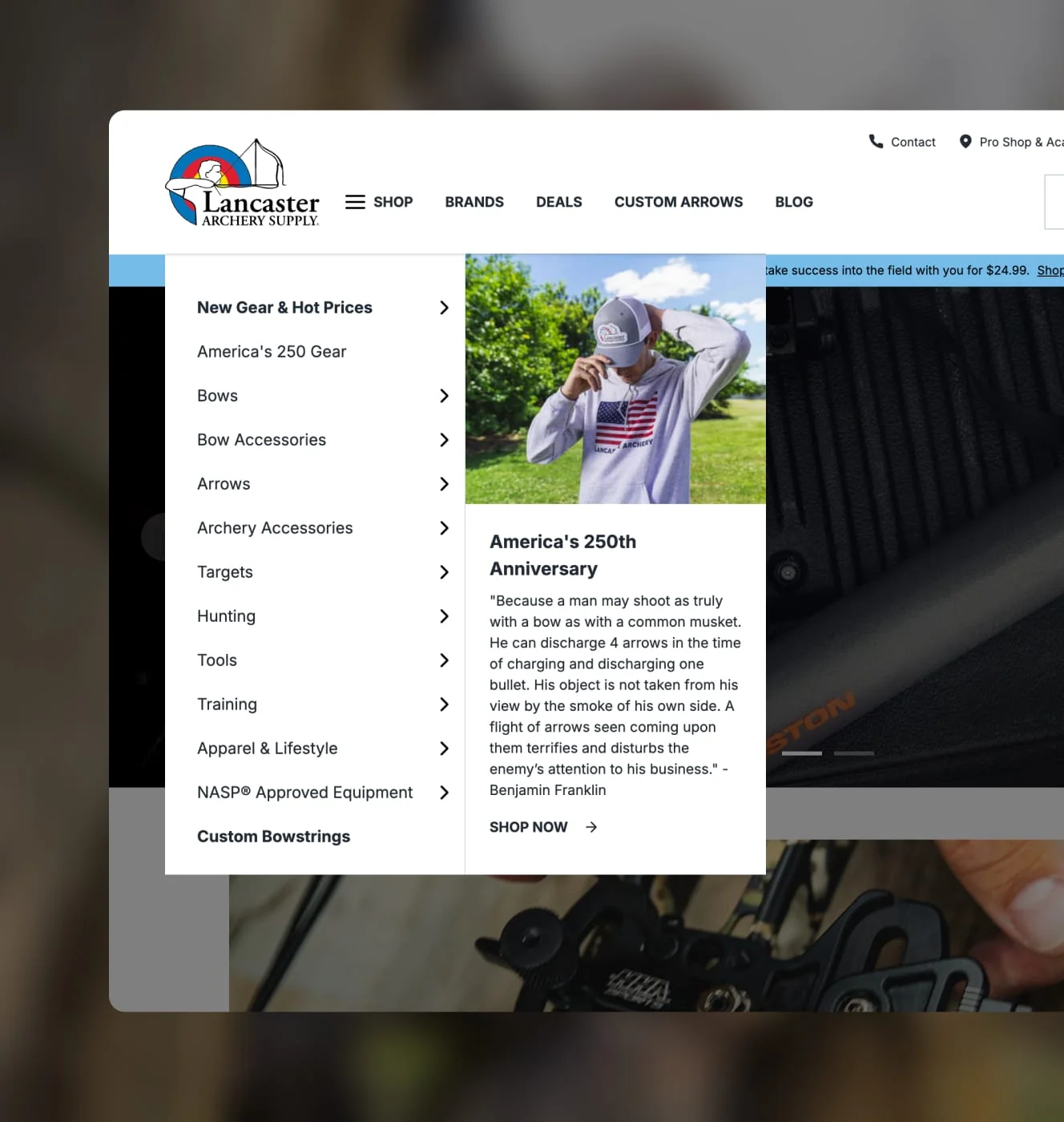 Lancaster Archery Supply desktop mega menu with shop categories and a featured America's 250th anniversary promotion