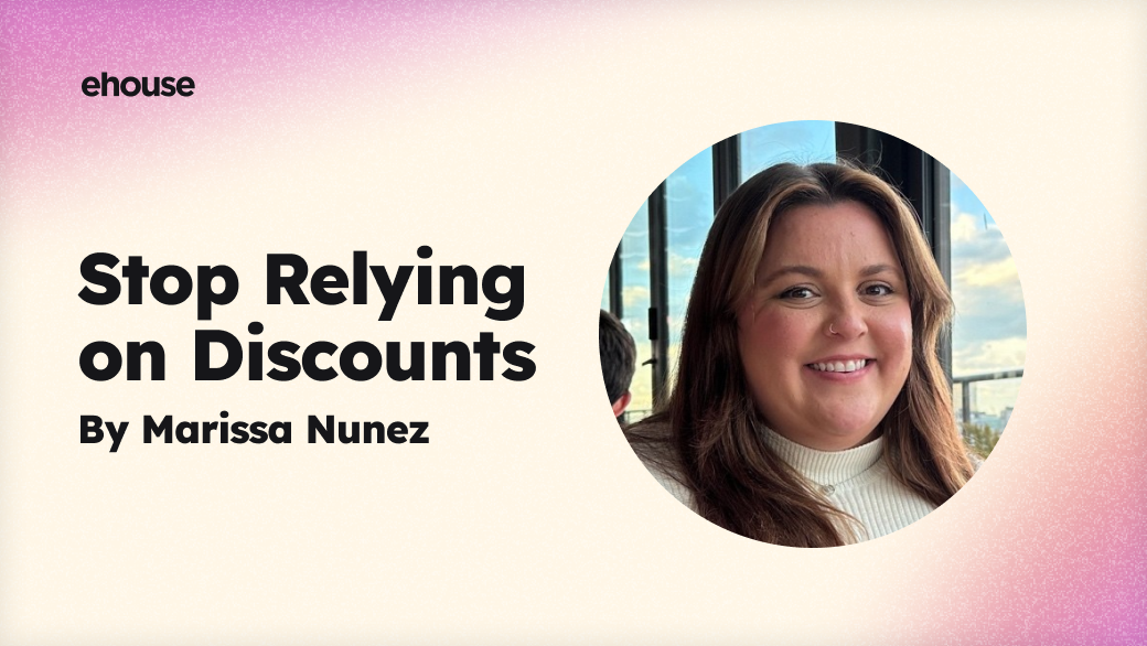 Title card reading "Stop Relying on Discounts" with the author's smiling headshot on a cream background.