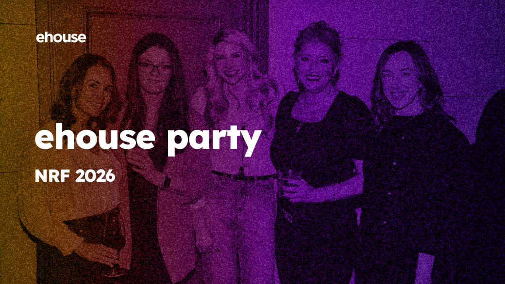 Five smiling women pose together at a party in a purple duotone graphic reading "ehouse party NRF 2026".