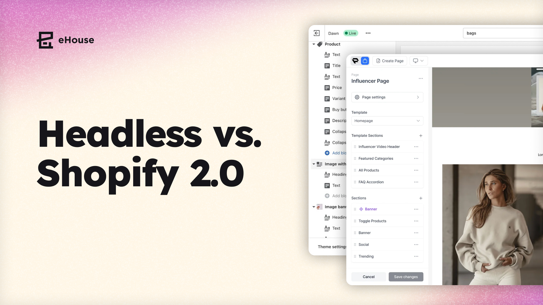 Title card reading "Headless vs. Shopify 2.0" beside a Shopify theme editor showing page template sections.
