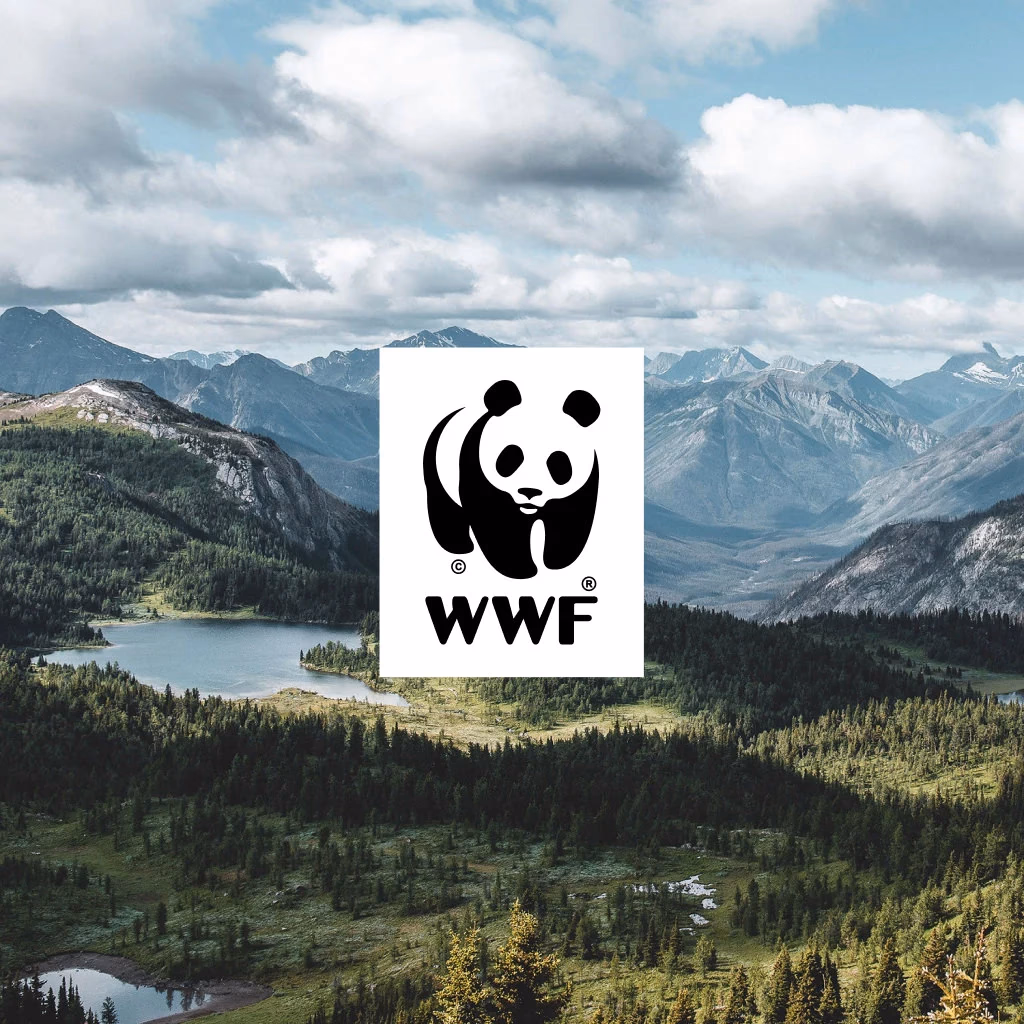 WWF panda logo over a mountain valley landscape of lakes and evergreen forest.