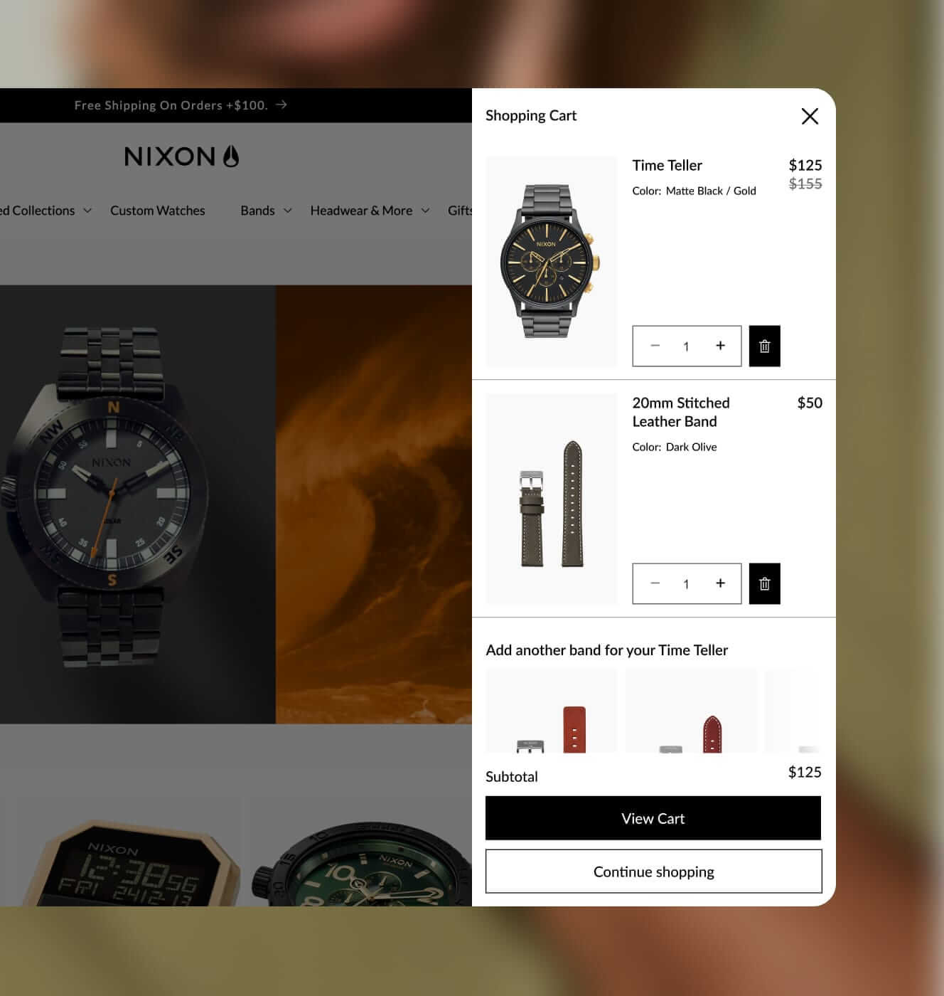 Nixon desktop shopping cart drawer with a Time Teller watch and leather band over the homepage.