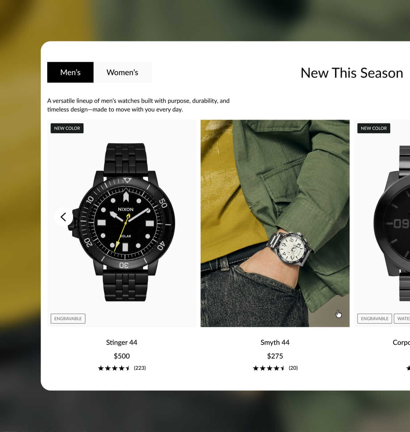Nixon desktop collection carousel of new season men's watches with prices and ratings.