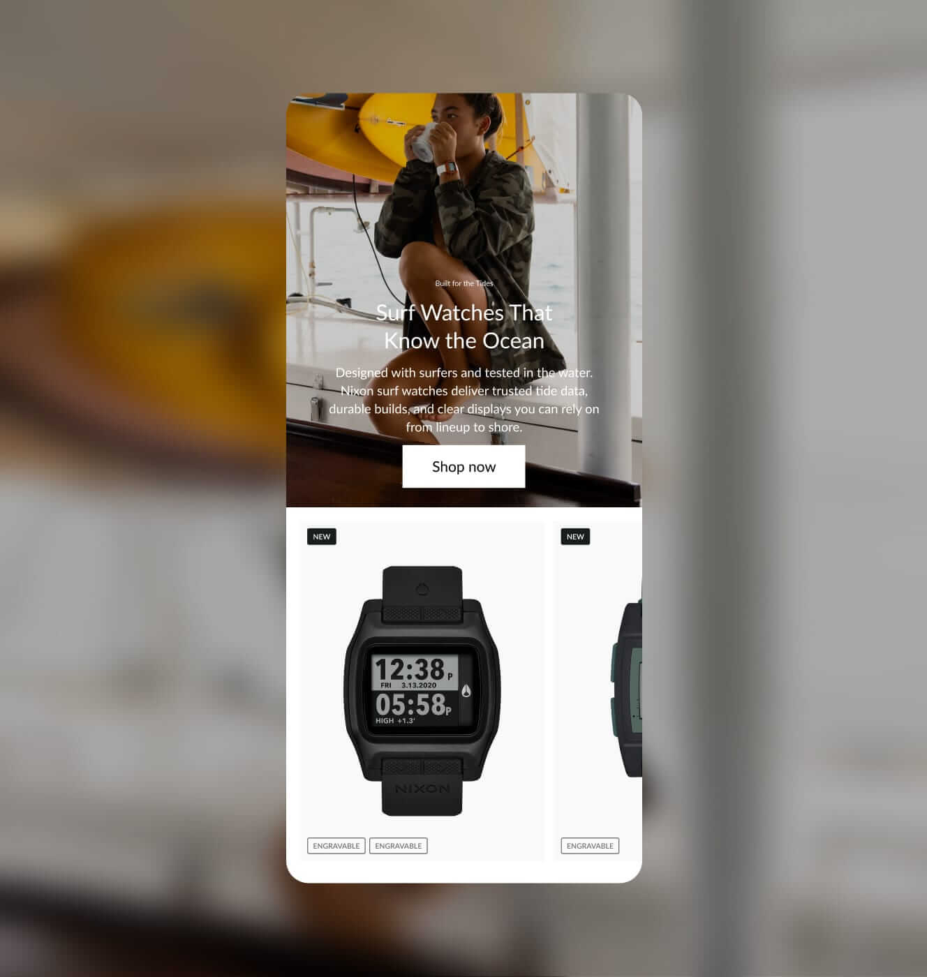 Nixon surf watches landing page on mobile with a hero banner and product grid.