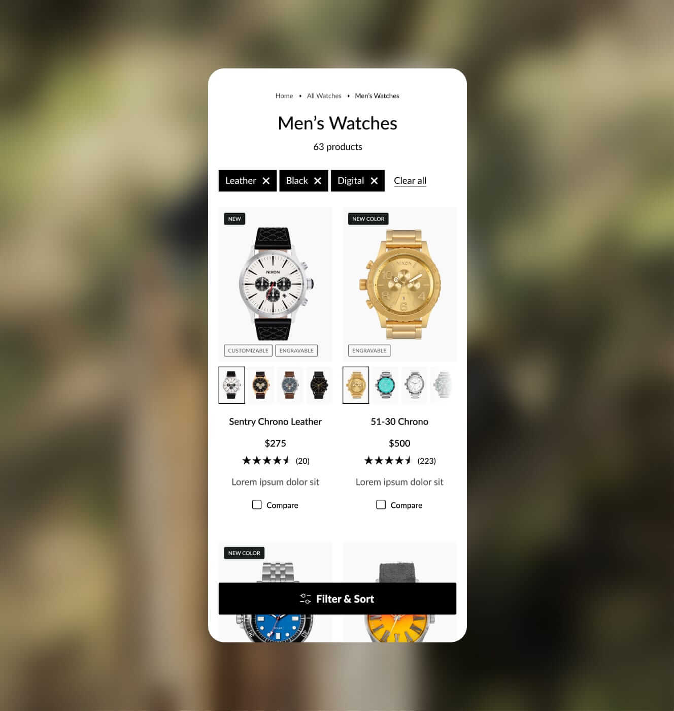Nixon men's watches collection page with product filters and compare options on mobile.