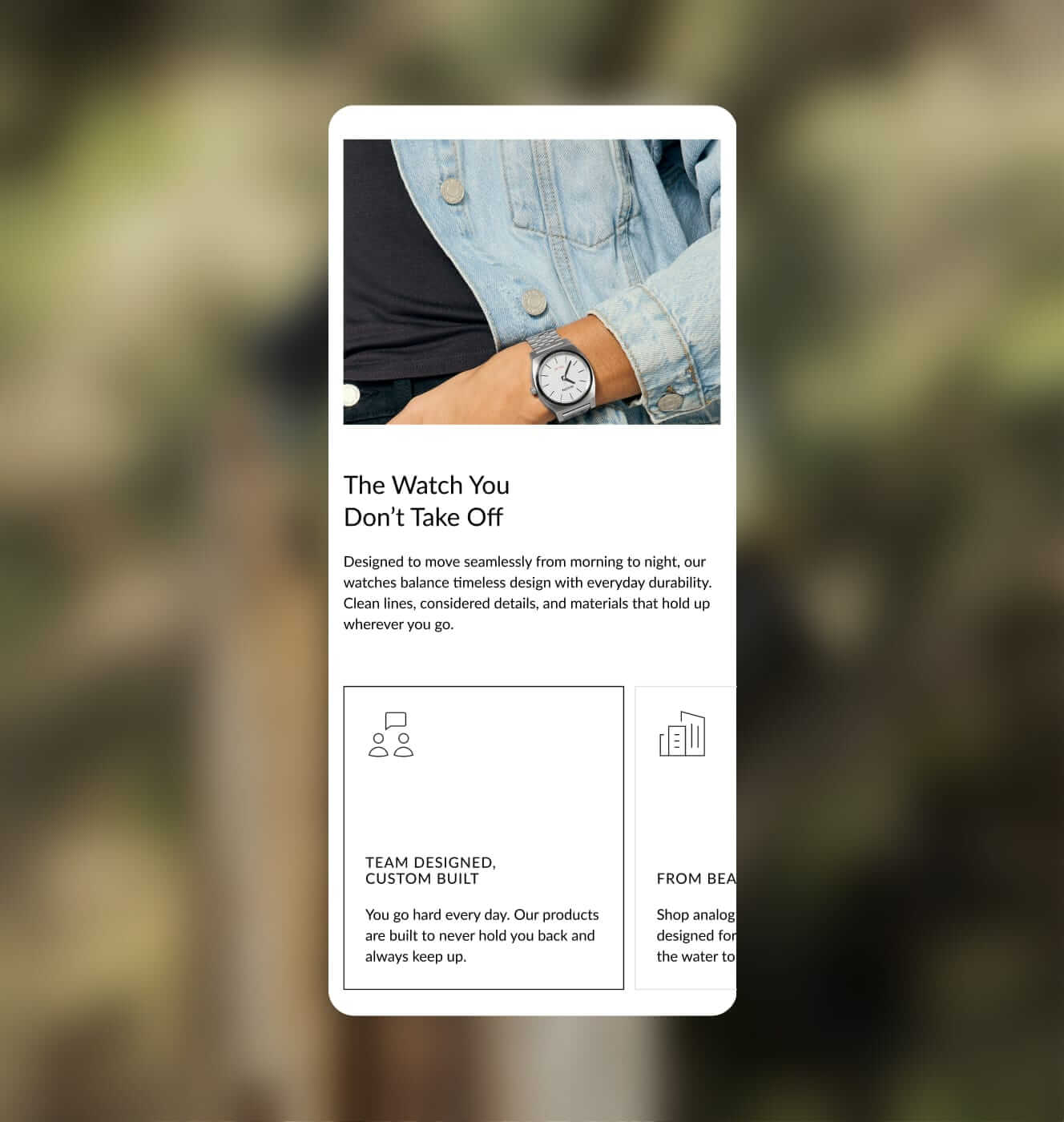 Nixon mobile site brand story section with a lifestyle photo of a stainless steel watch.