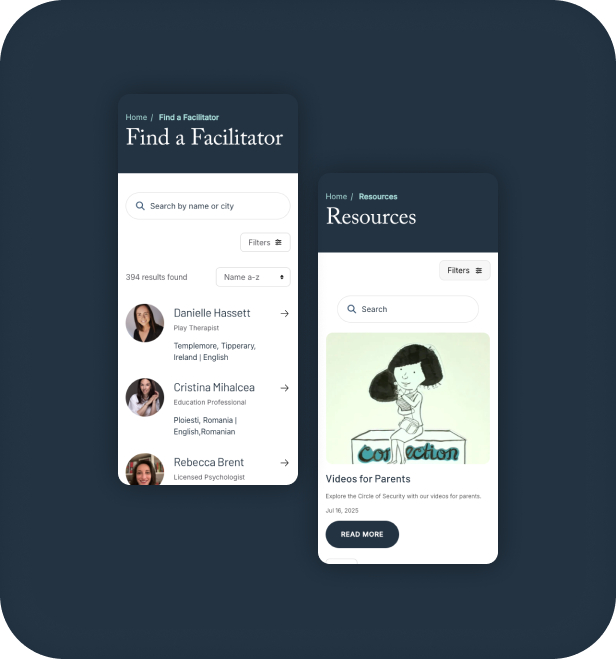 Circle of Security International mobile screens showing Find a Facilitator directory and Resources page.