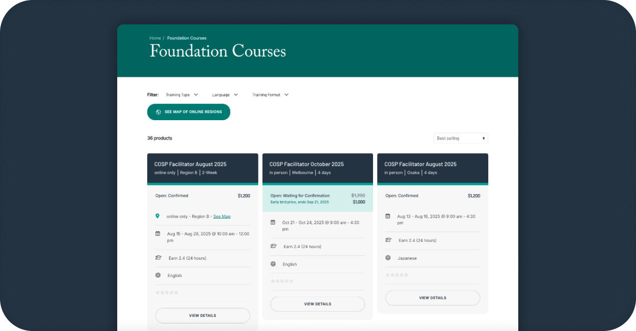 Circle of Security International desktop Foundation Courses listing page with filterable course cards.
