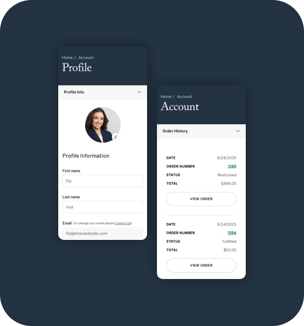 Circle of Security International customer account profile and order history pages on mobile.