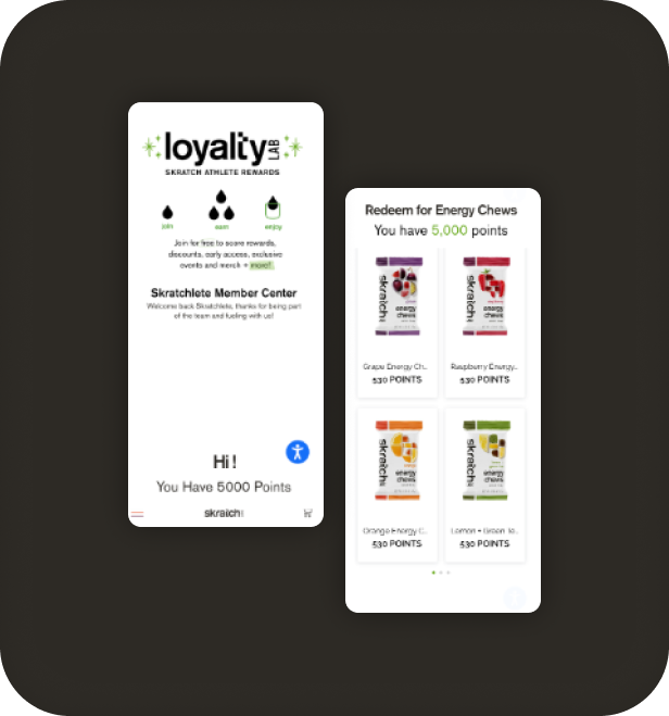 Skratch Labs Loyalty Lab rewards pages on mobile showing points balance and redemption options.