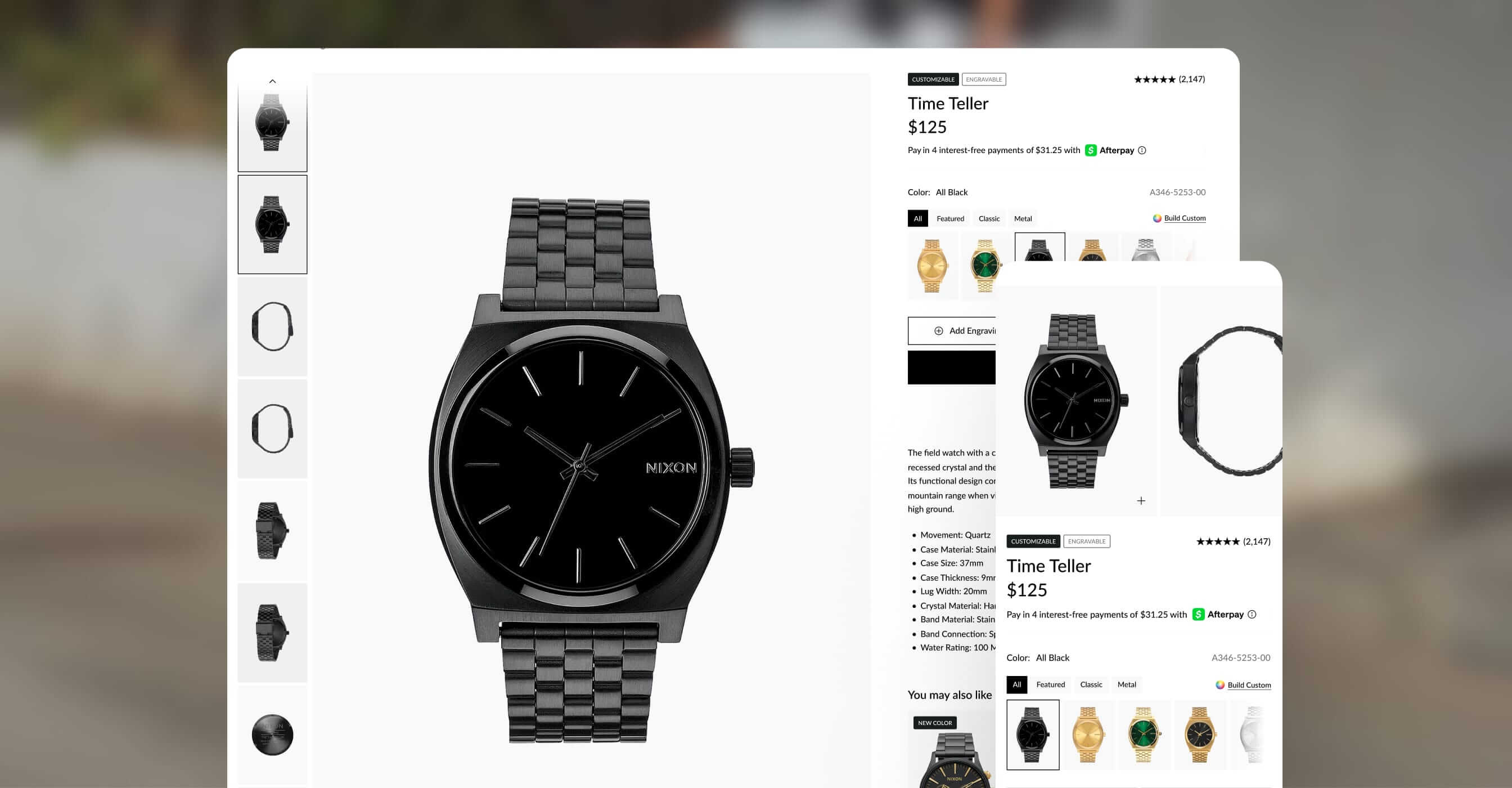 Nixon product detail page for the Time Teller watch on desktop and mobile.