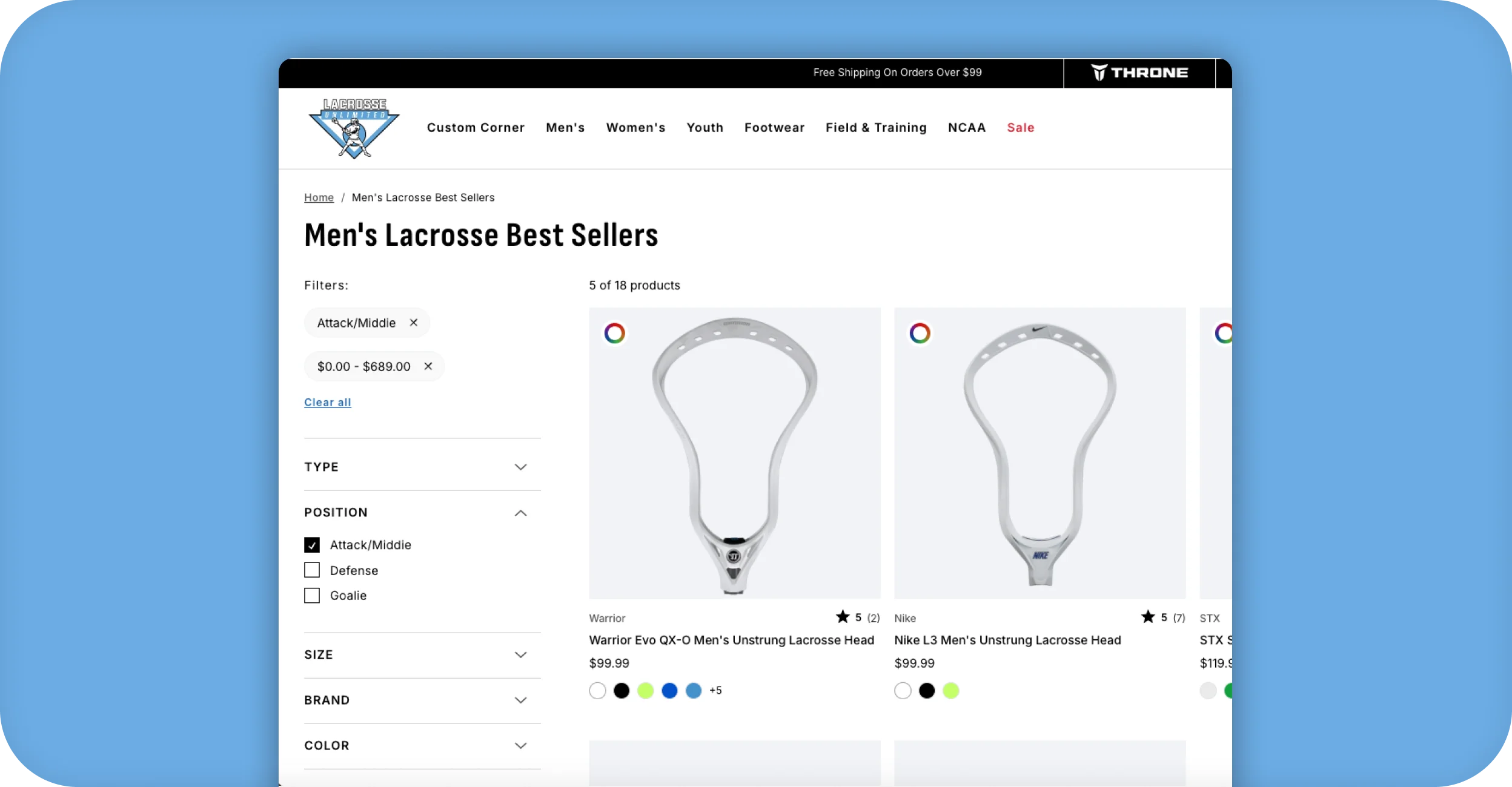 Lacrosse Unlimited desktop collection page for men's lacrosse best sellers with position and price filters.