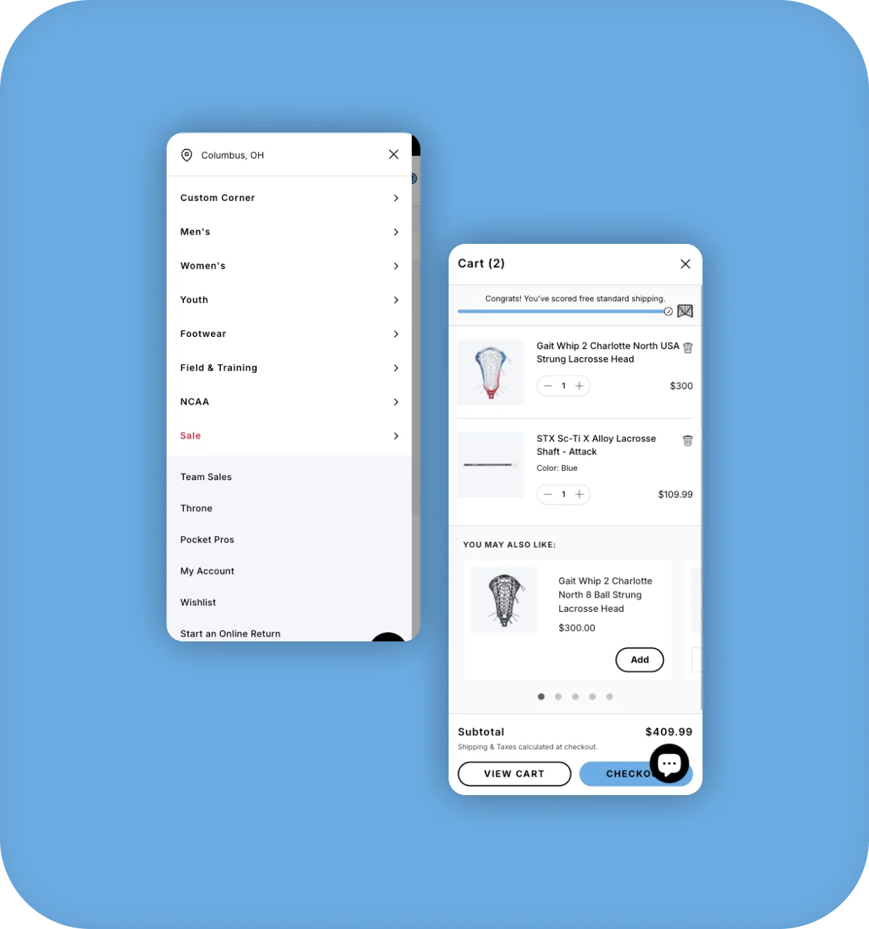 Lacrosse Unlimited mobile navigation menu and cart drawer with lacrosse gear.