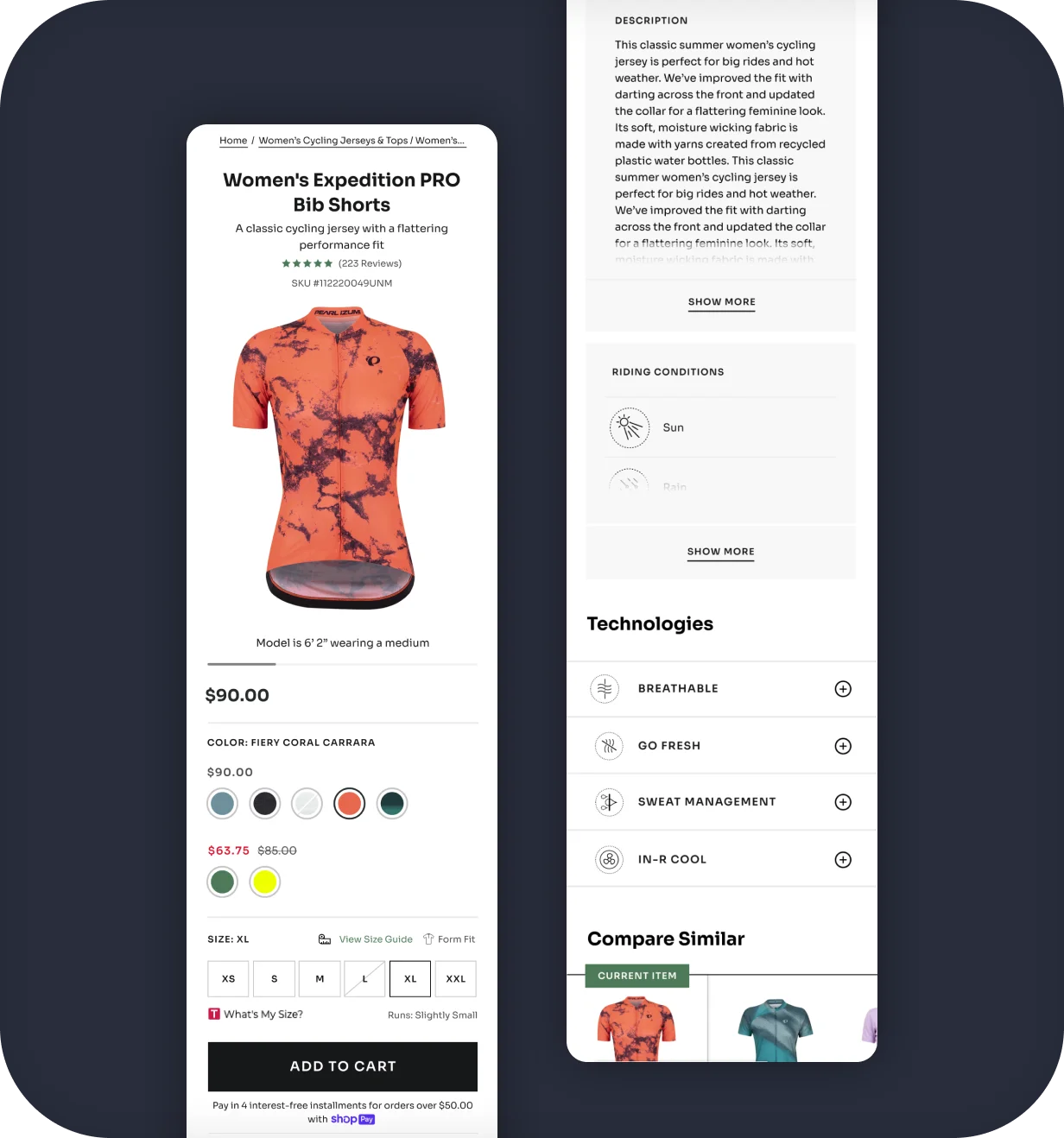 PEARL iZUMi mobile product page for women's cycling apparel with color, size, and technology details.