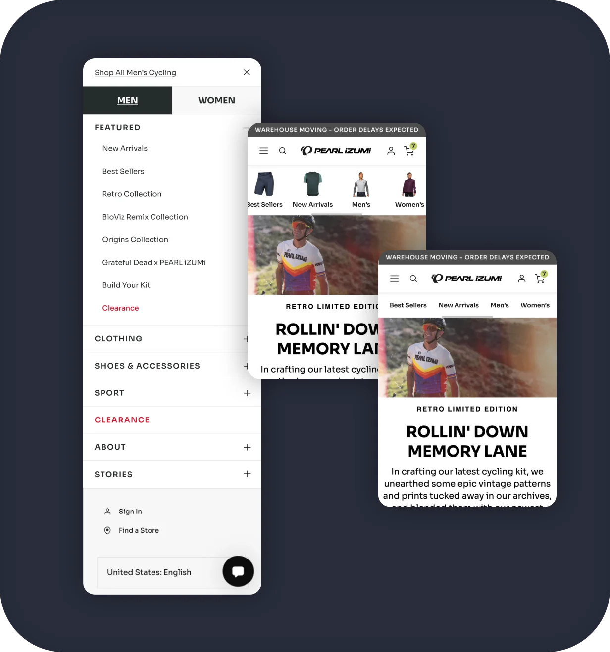 PEARL iZUMi mobile navigation menu and homepage screens featuring the Retro limited edition kit.