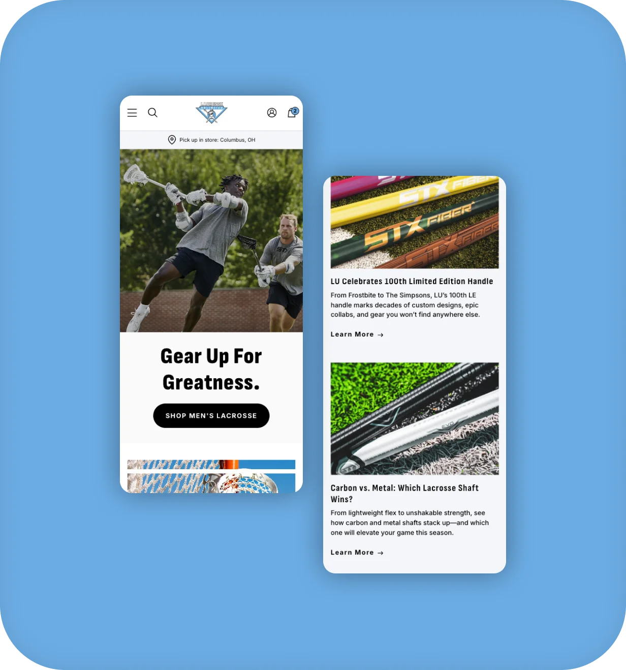Lacrosse Unlimited homepage hero and blog article cards on mobile.