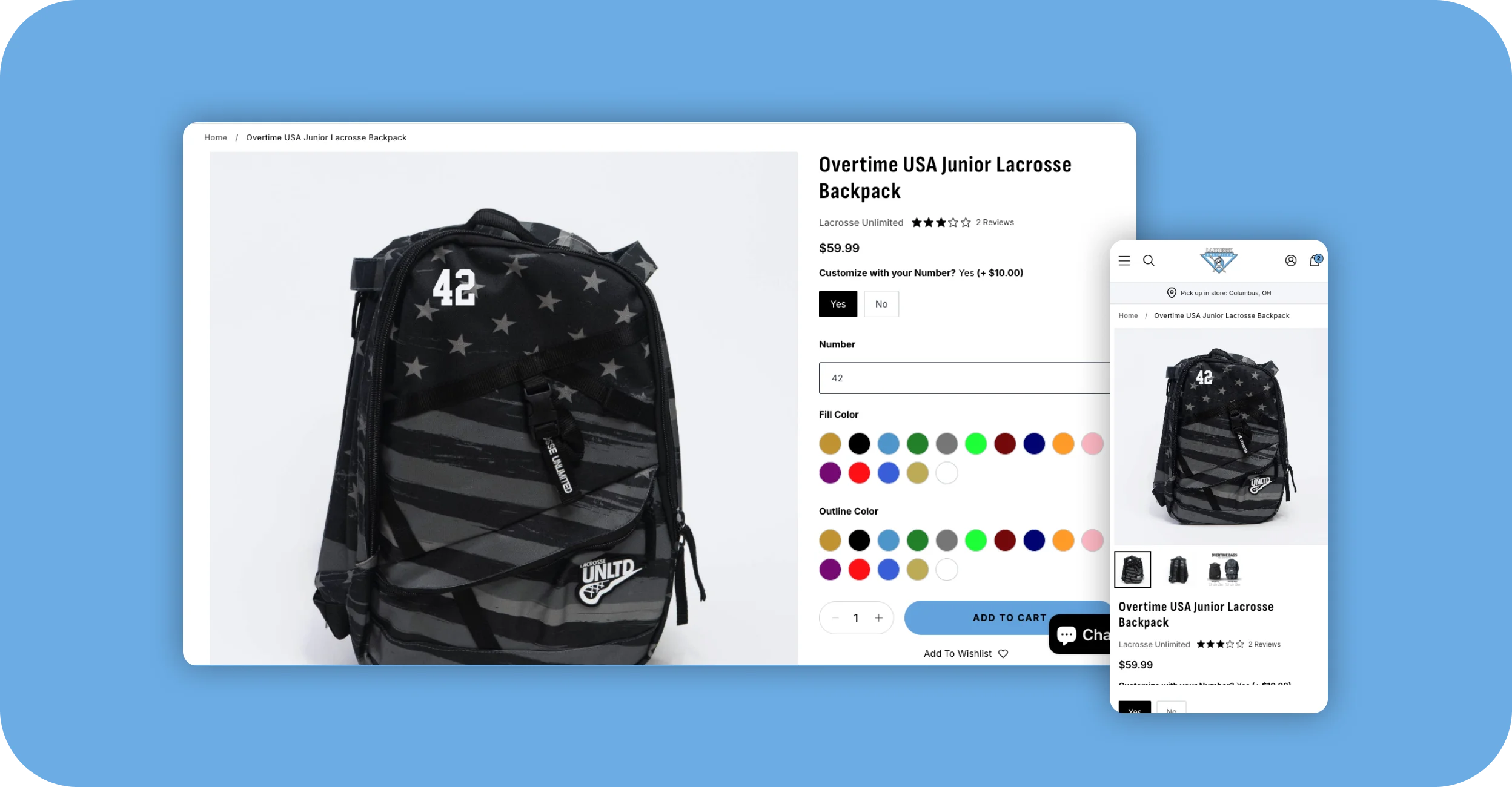 Lacrosse Unlimited product page for a customizable lacrosse backpack on desktop and mobile.