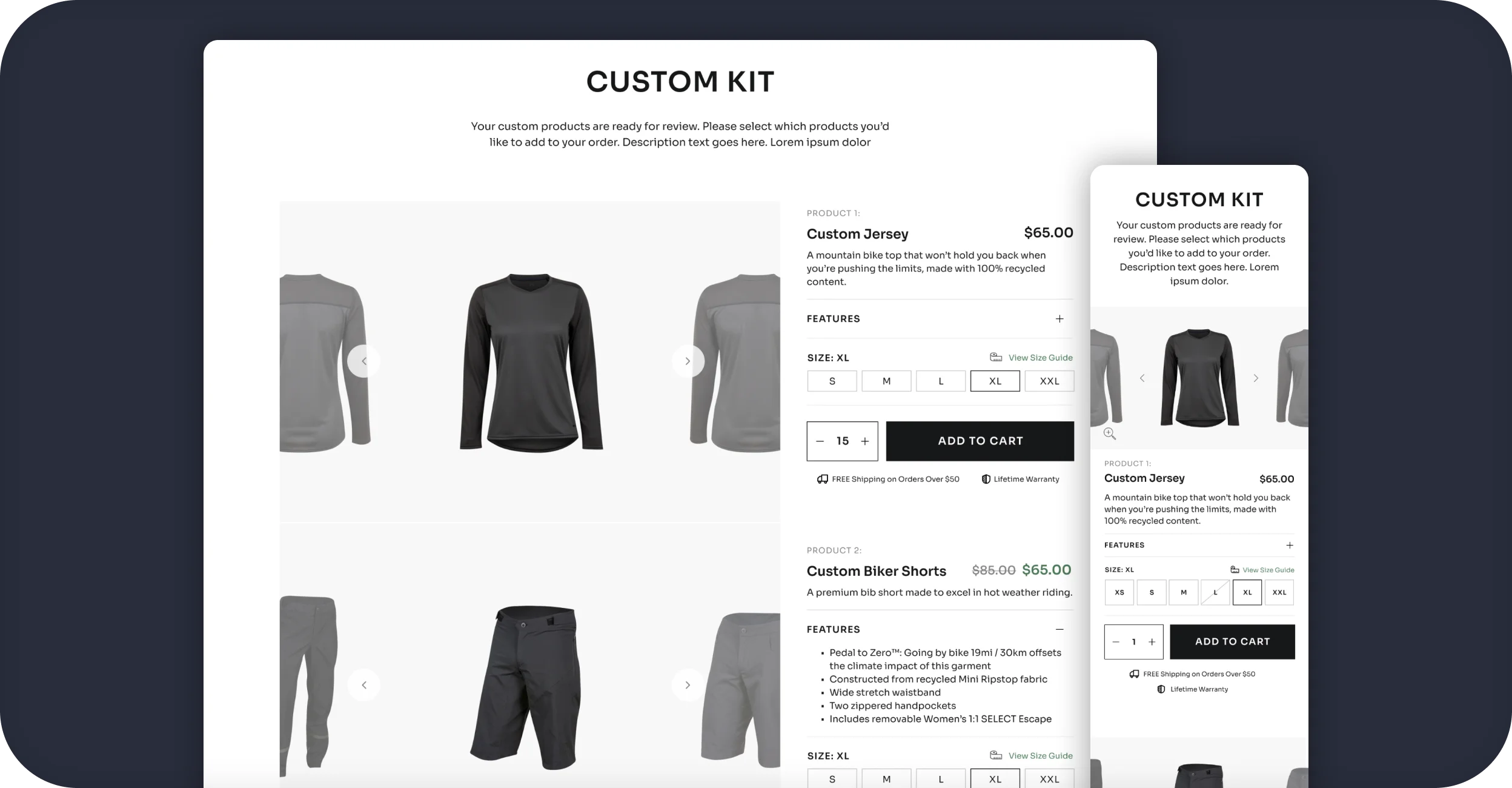 PEARL iZUMi Custom Kit page for a custom jersey and biker shorts on desktop and mobile.