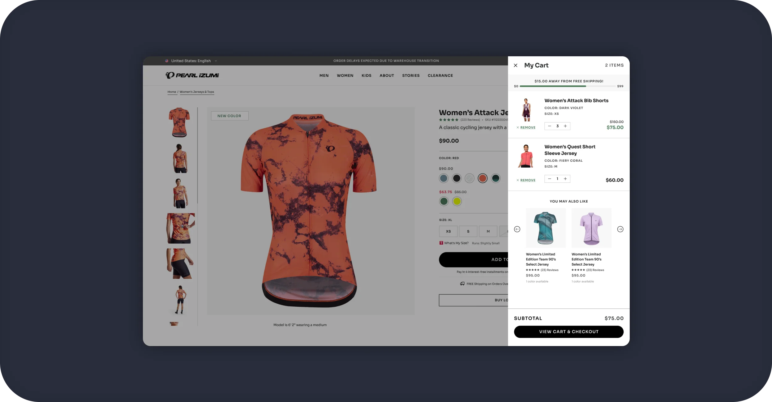 PEARL iZUMi desktop product page for a women's cycling jersey with cart drawer and recommendations.