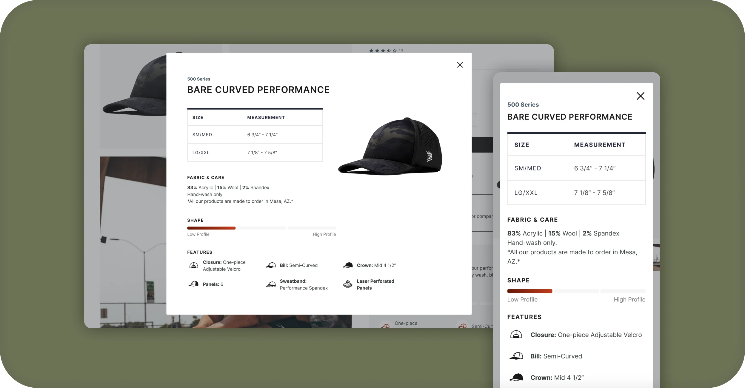 Branded Bills size and fit guide modal for a performance hat on desktop and mobile.