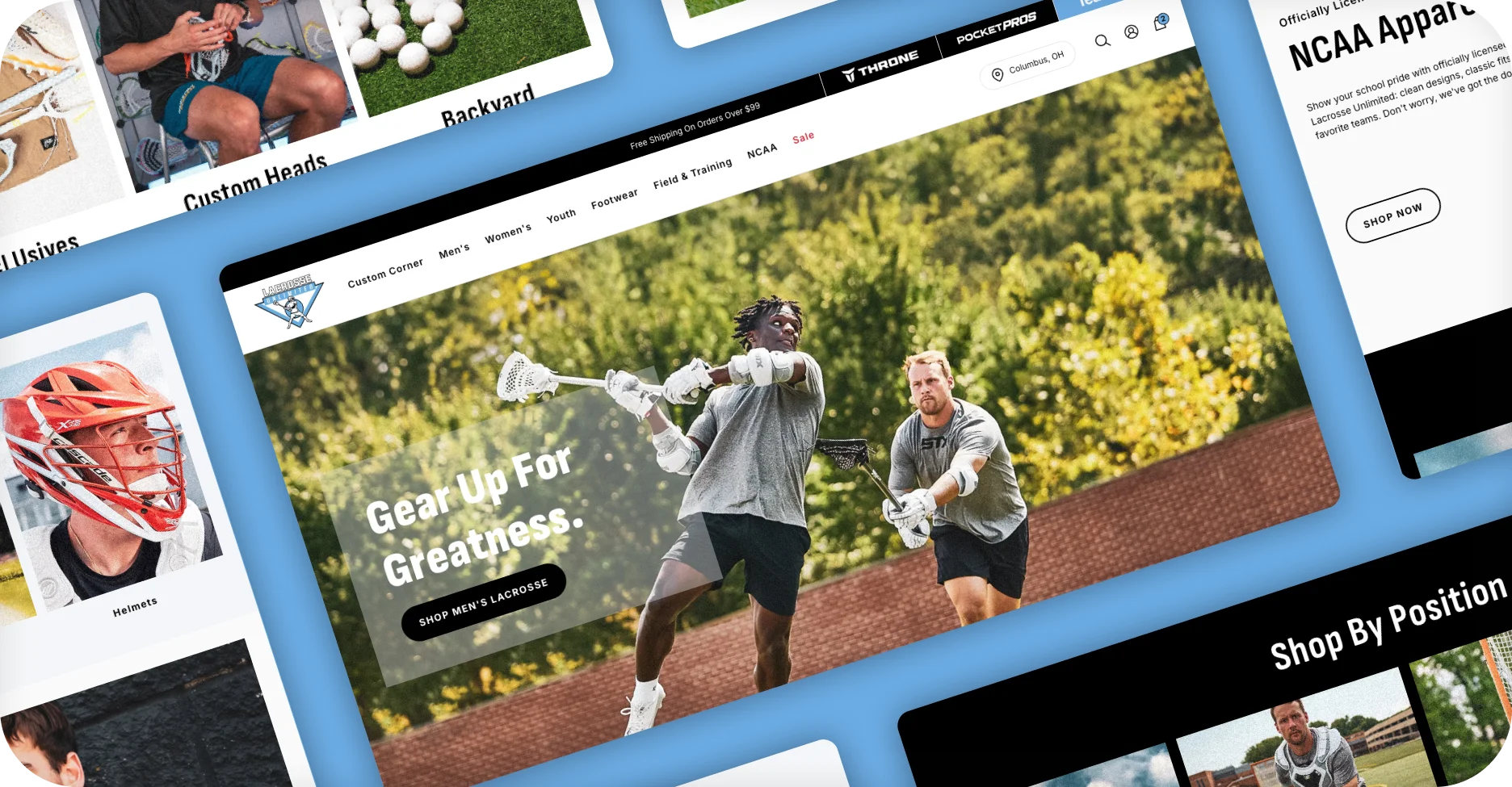 Lacrosse Unlimited desktop homepage collage with Gear Up For Greatness hero and category sections.